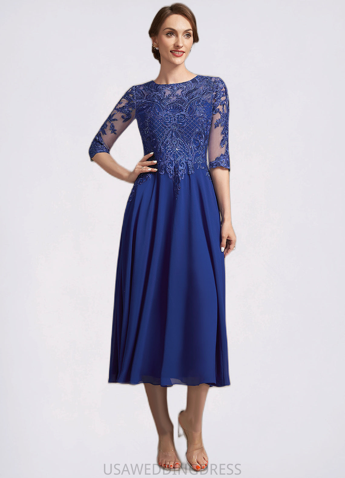 Jolie A-Line Scoop Neck Tea-Length Chiffon Lace Mother of the Bride Dress With Sequins DS126P0014959