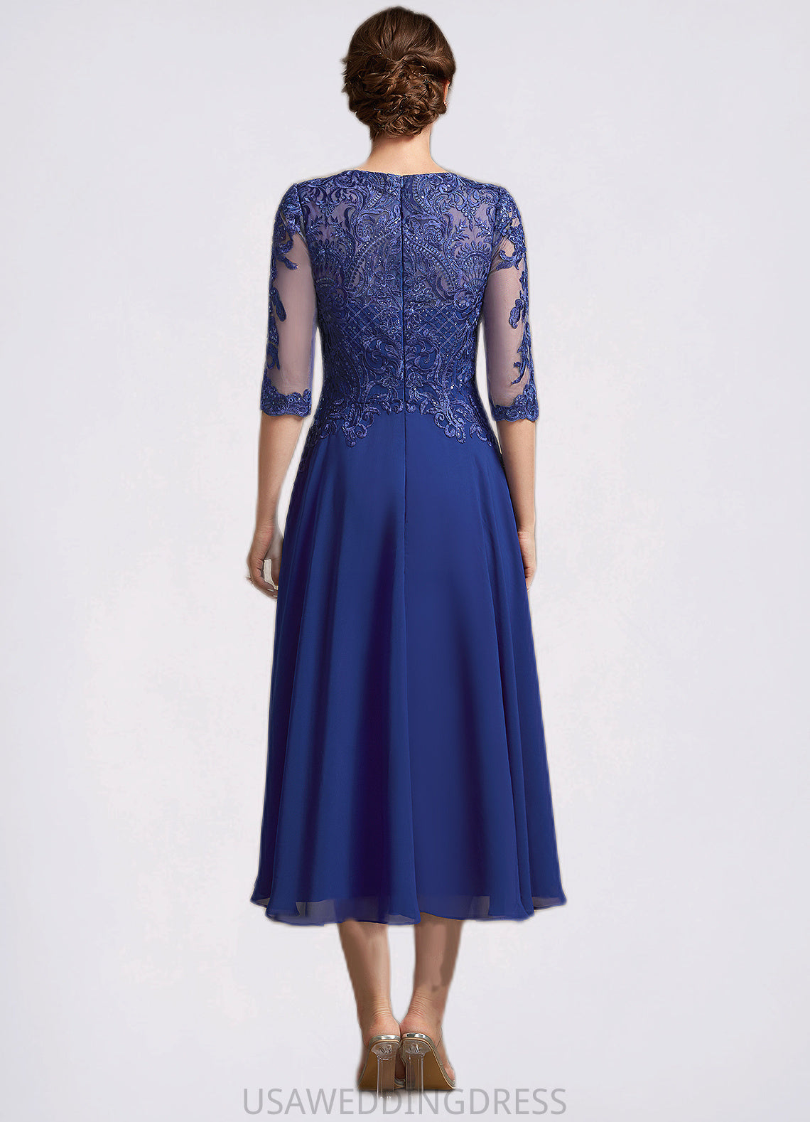 Jolie A-Line Scoop Neck Tea-Length Chiffon Lace Mother of the Bride Dress With Sequins DS126P0014959