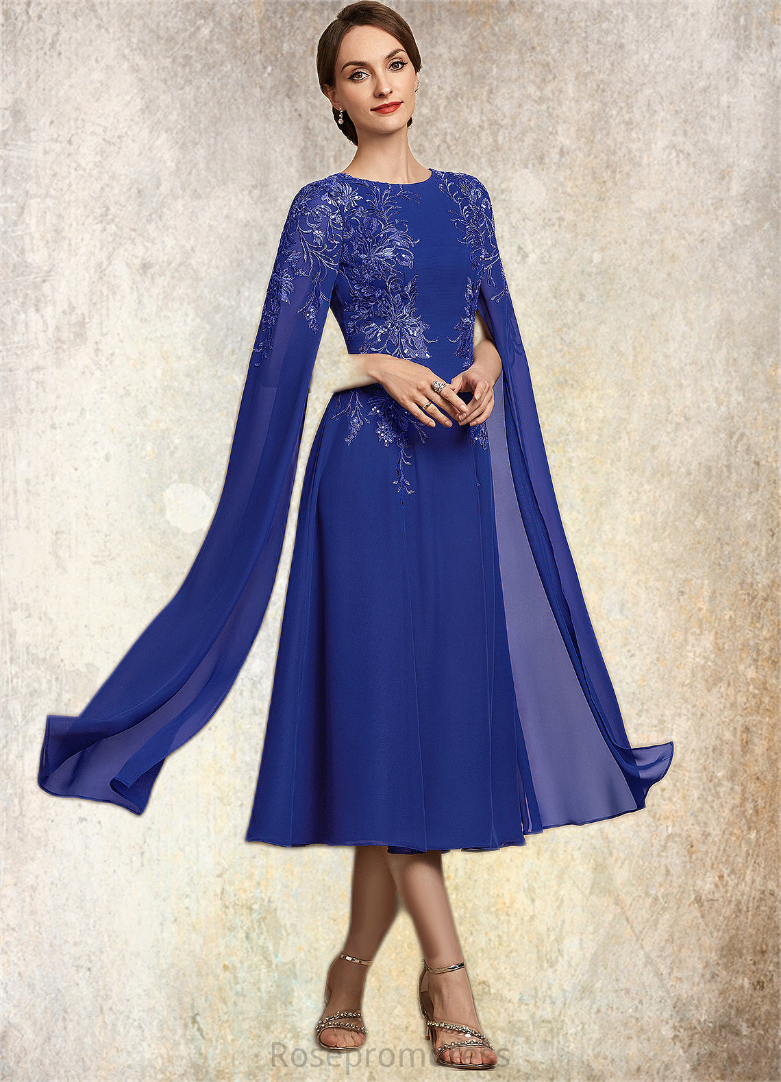 Willow A-Line Scoop Neck Tea-Length Chiffon Lace Mother of the Bride Dress With Sequins SRS126P0014960