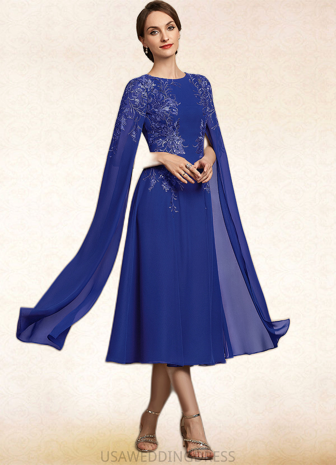 Keira A-Line Scoop Neck Tea-Length Chiffon Lace Mother of the Bride Dress With Sequins DS126P0014960
