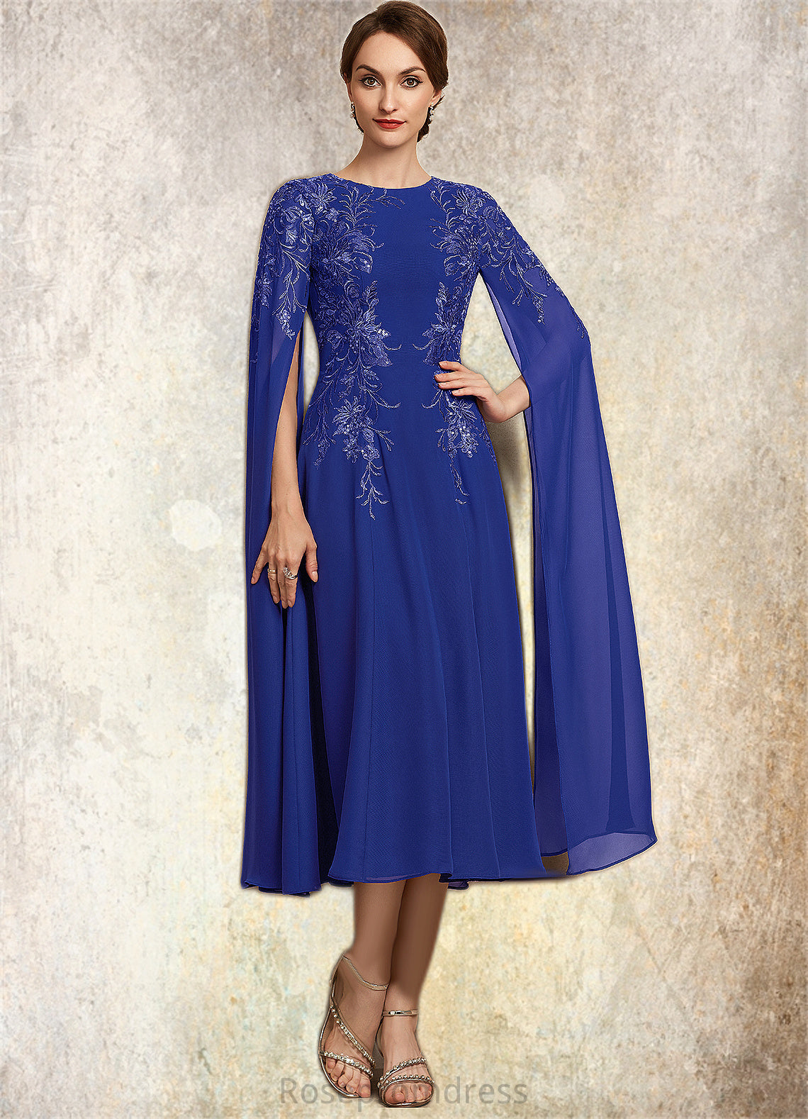 Willow A-Line Scoop Neck Tea-Length Chiffon Lace Mother of the Bride Dress With Sequins SRS126P0014960