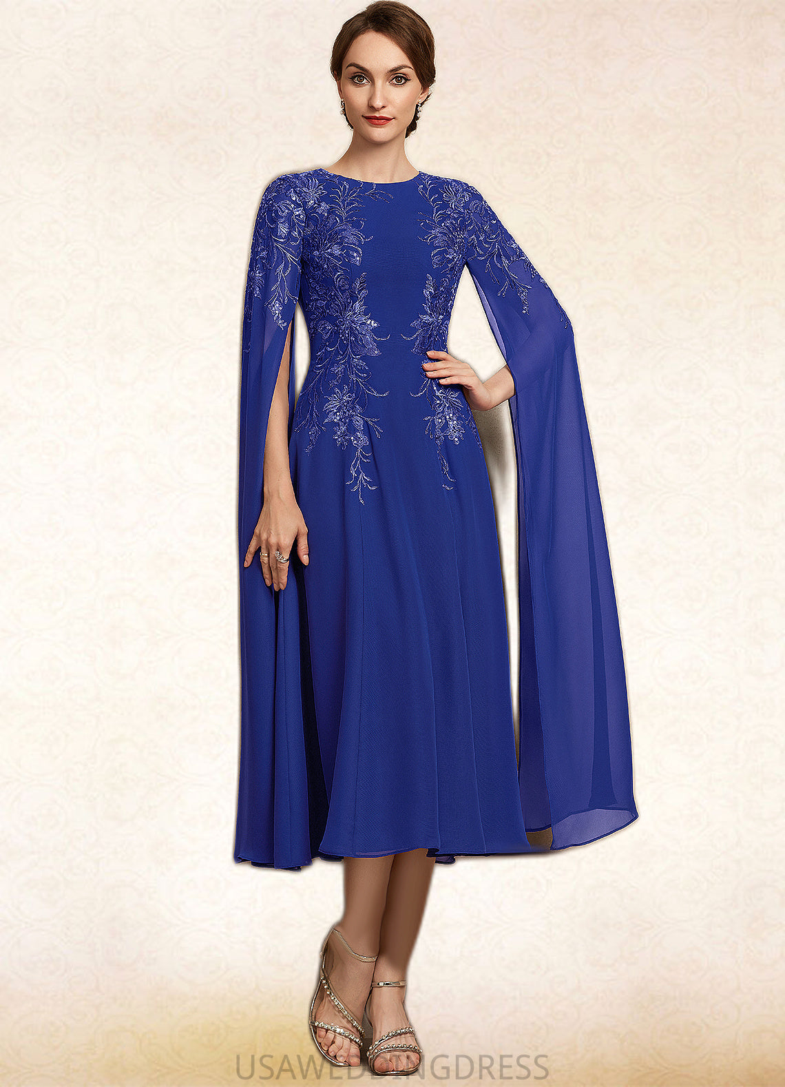 Keira A-Line Scoop Neck Tea-Length Chiffon Lace Mother of the Bride Dress With Sequins DS126P0014960