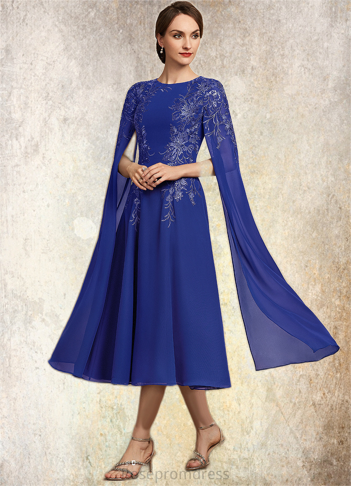 Willow A-Line Scoop Neck Tea-Length Chiffon Lace Mother of the Bride Dress With Sequins SRS126P0014960