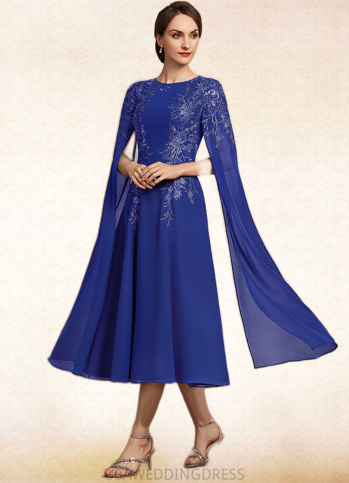 Keira A-Line Scoop Neck Tea-Length Chiffon Lace Mother of the Bride Dress With Sequins DS126P0014960