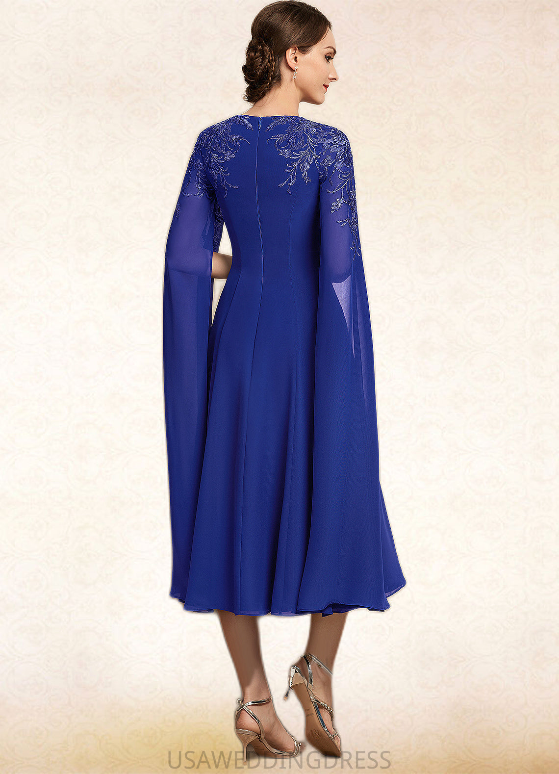 Keira A-Line Scoop Neck Tea-Length Chiffon Lace Mother of the Bride Dress With Sequins DS126P0014960