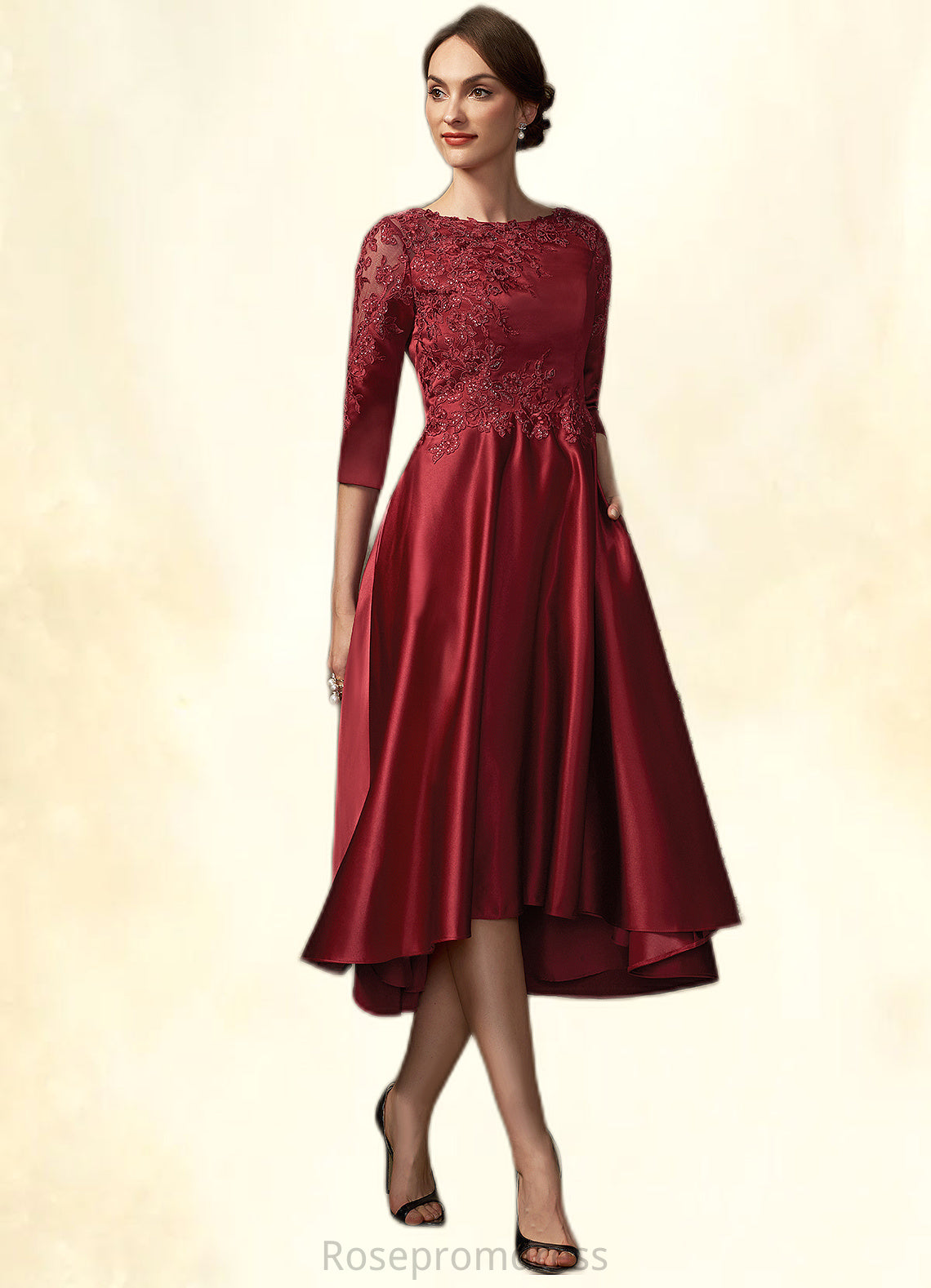 Haylee A-Line Scoop Neck Asymmetrical Satin Lace Mother of the Bride Dress With Sequins Pockets SRS126P0014962