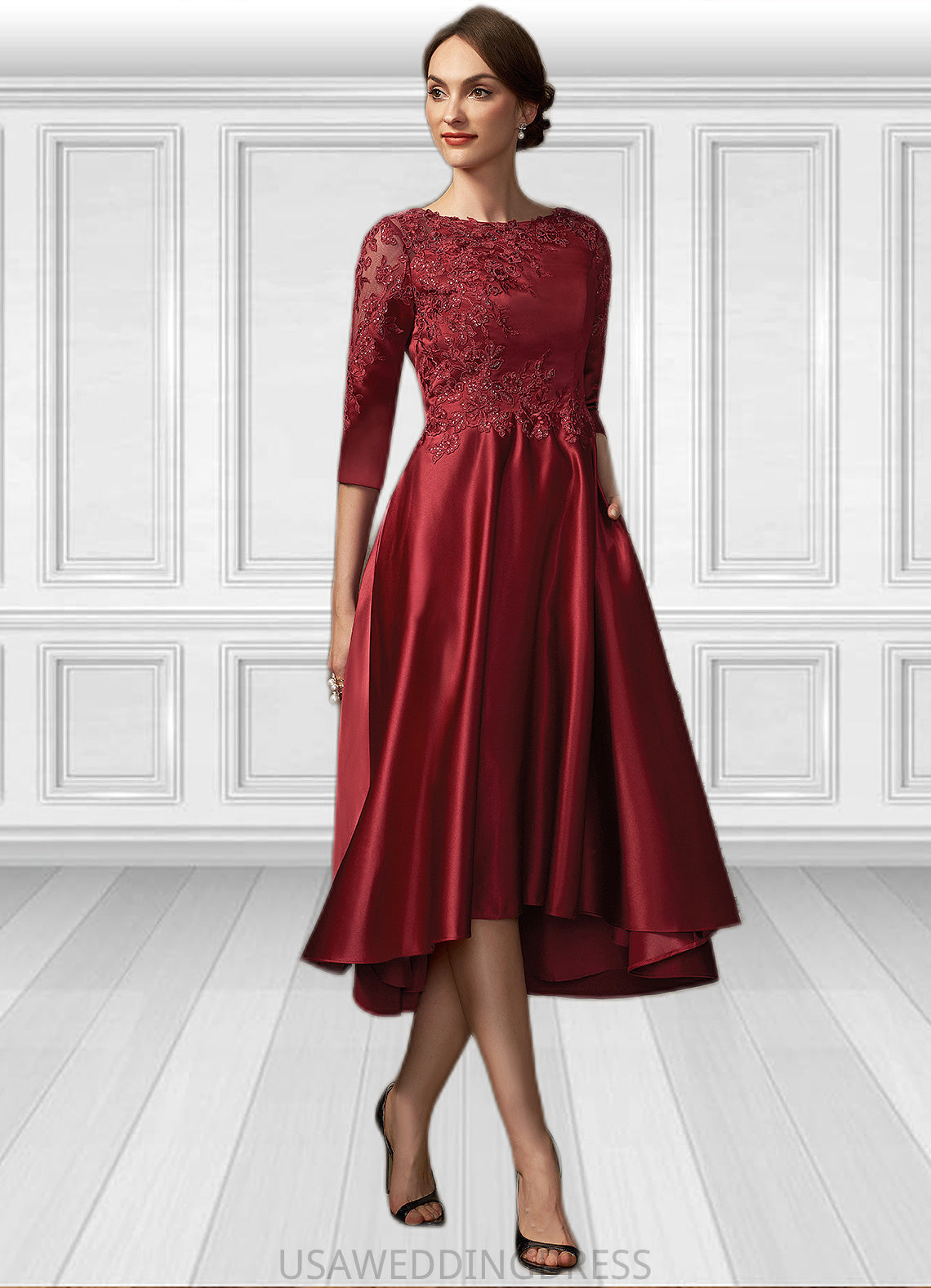 Brenda A-Line Scoop Neck Asymmetrical Satin Lace Mother of the Bride Dress With Sequins Pockets DS126P0014962