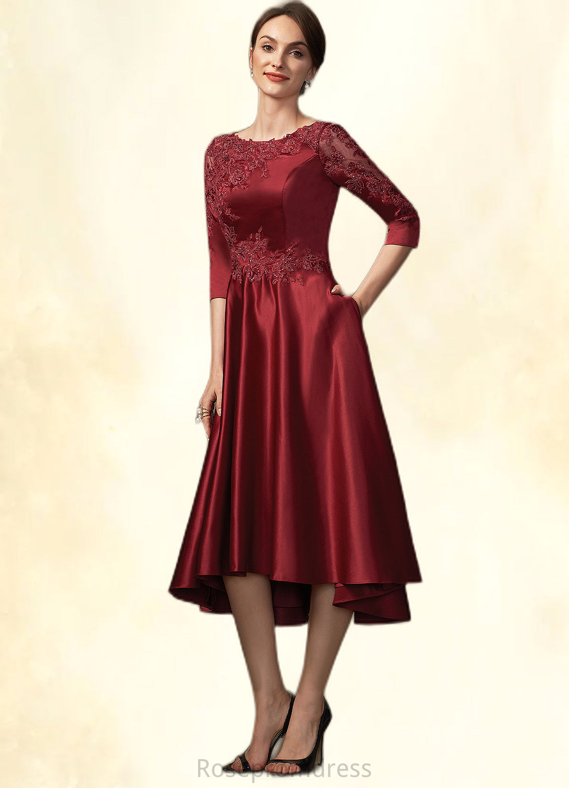 Haylee A-Line Scoop Neck Asymmetrical Satin Lace Mother of the Bride Dress With Sequins Pockets SRS126P0014962