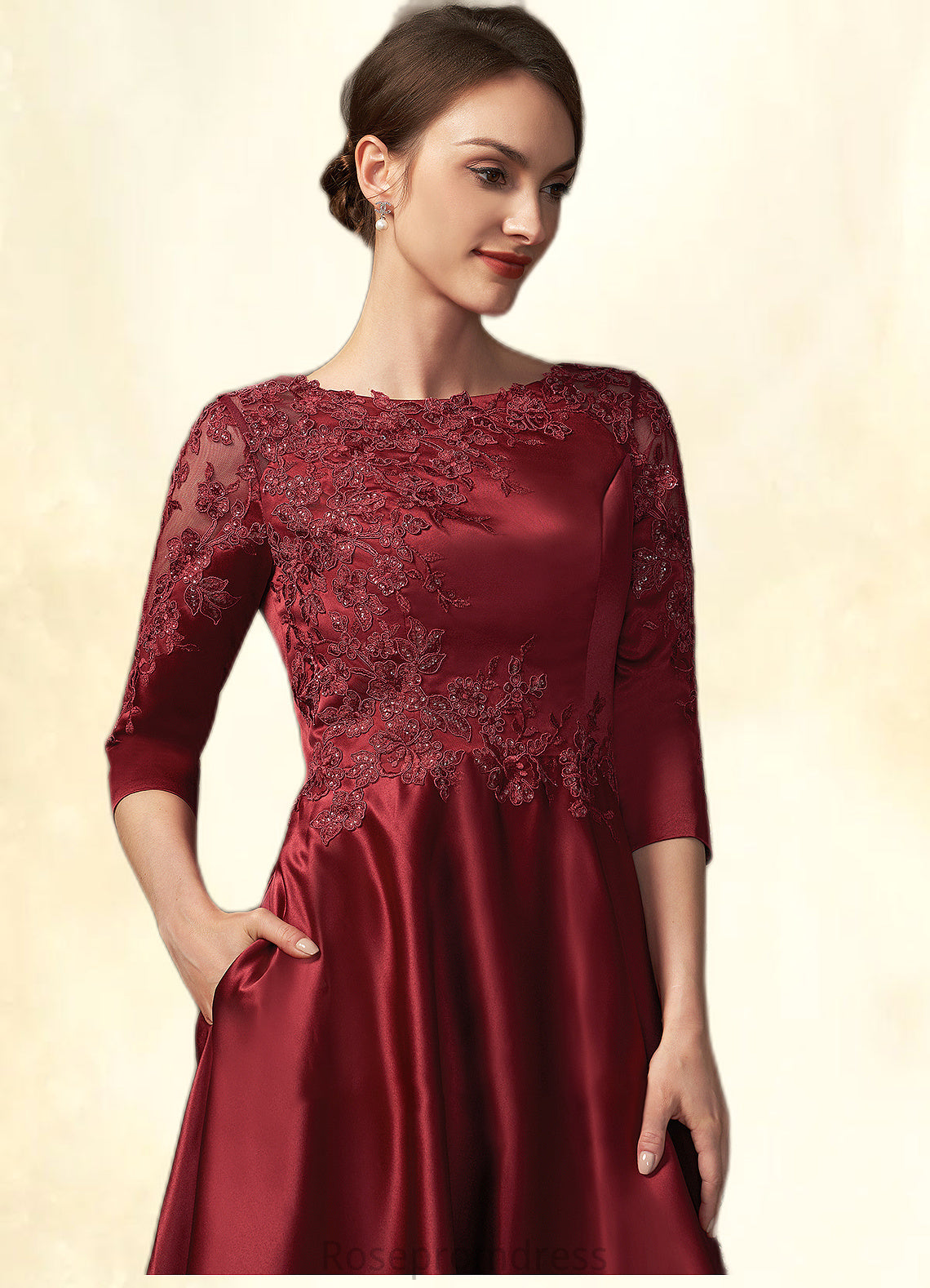 Haylee A-Line Scoop Neck Asymmetrical Satin Lace Mother of the Bride Dress With Sequins Pockets SRS126P0014962