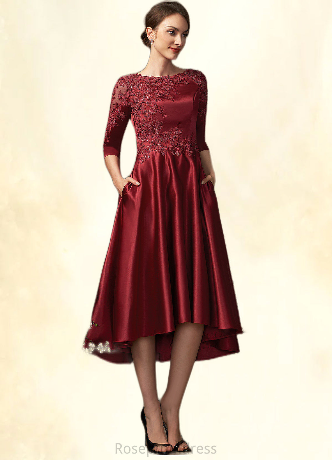 Haylee A-Line Scoop Neck Asymmetrical Satin Lace Mother of the Bride Dress With Sequins Pockets SRS126P0014962