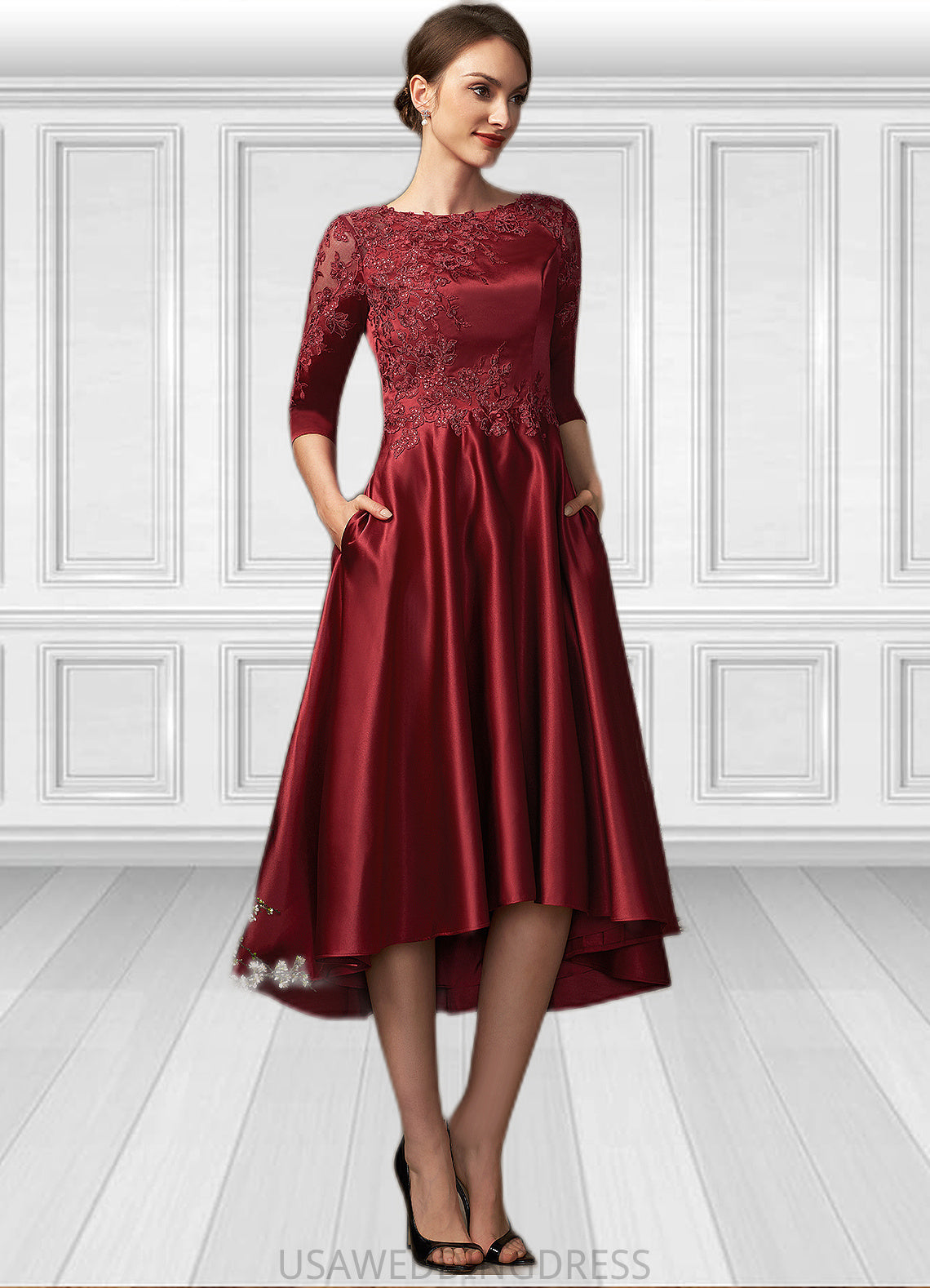 Brenda A-Line Scoop Neck Asymmetrical Satin Lace Mother of the Bride Dress With Sequins Pockets DS126P0014962