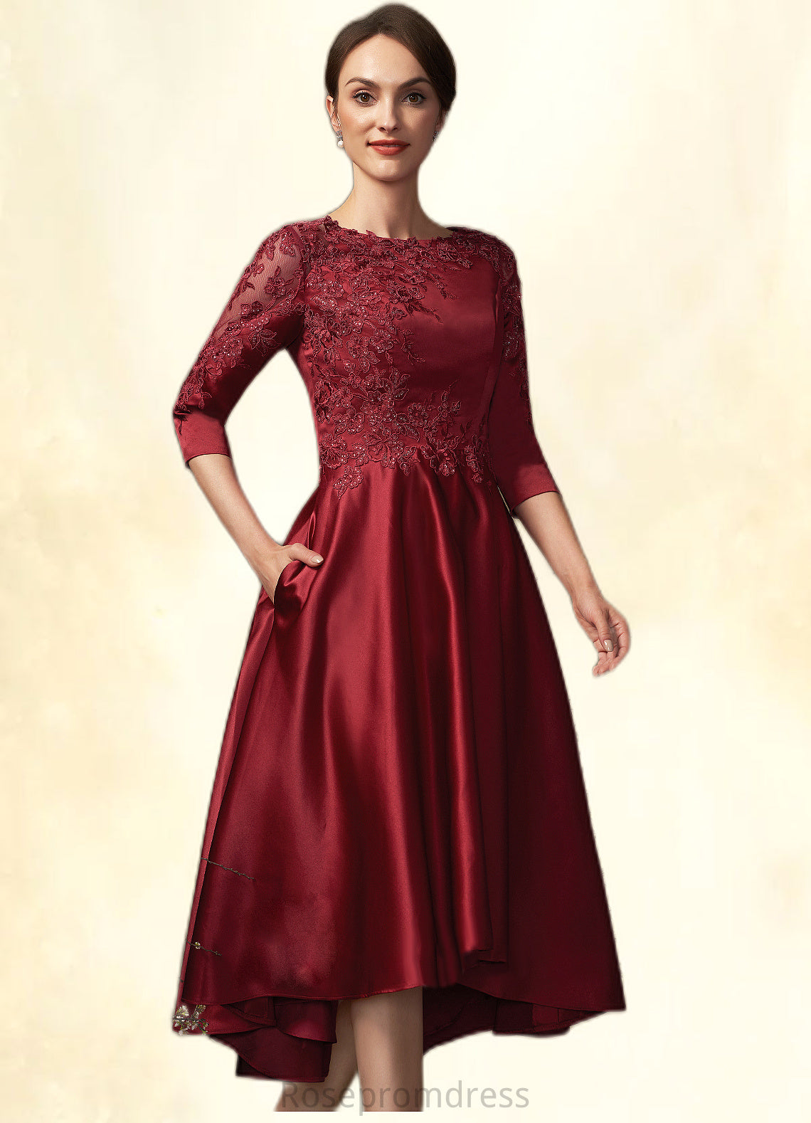 Haylee A-Line Scoop Neck Asymmetrical Satin Lace Mother of the Bride Dress With Sequins Pockets SRS126P0014962