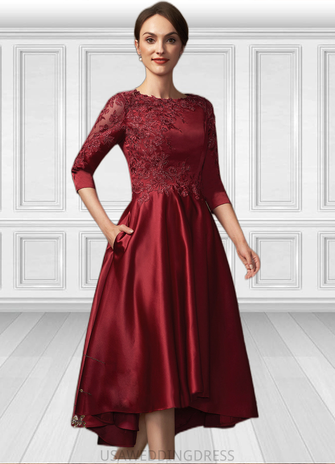 Brenda A-Line Scoop Neck Asymmetrical Satin Lace Mother of the Bride Dress With Sequins Pockets DS126P0014962