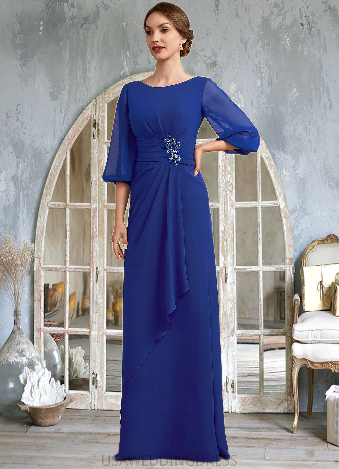 Valentina A-Line Scoop Neck Floor-Length Chiffon Mother of the Bride Dress With Ruffle Beading DS126P0014963