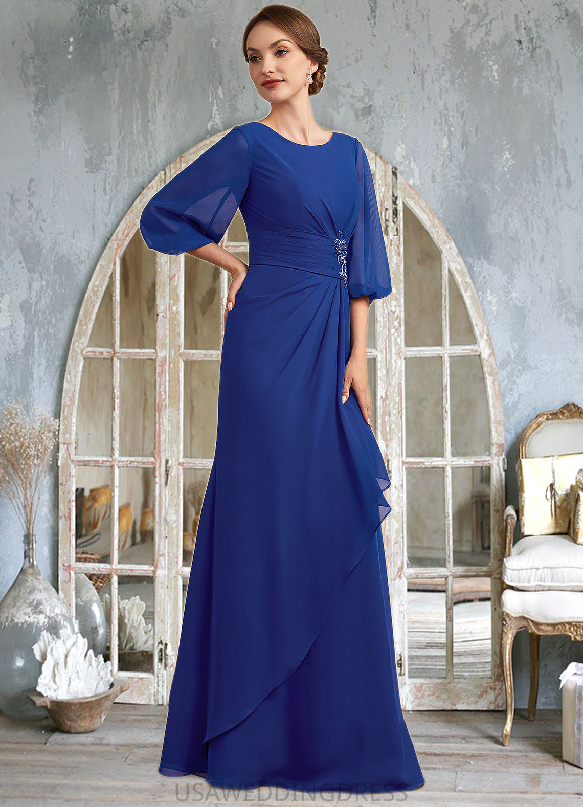 Valentina A-Line Scoop Neck Floor-Length Chiffon Mother of the Bride Dress With Ruffle Beading DS126P0014963