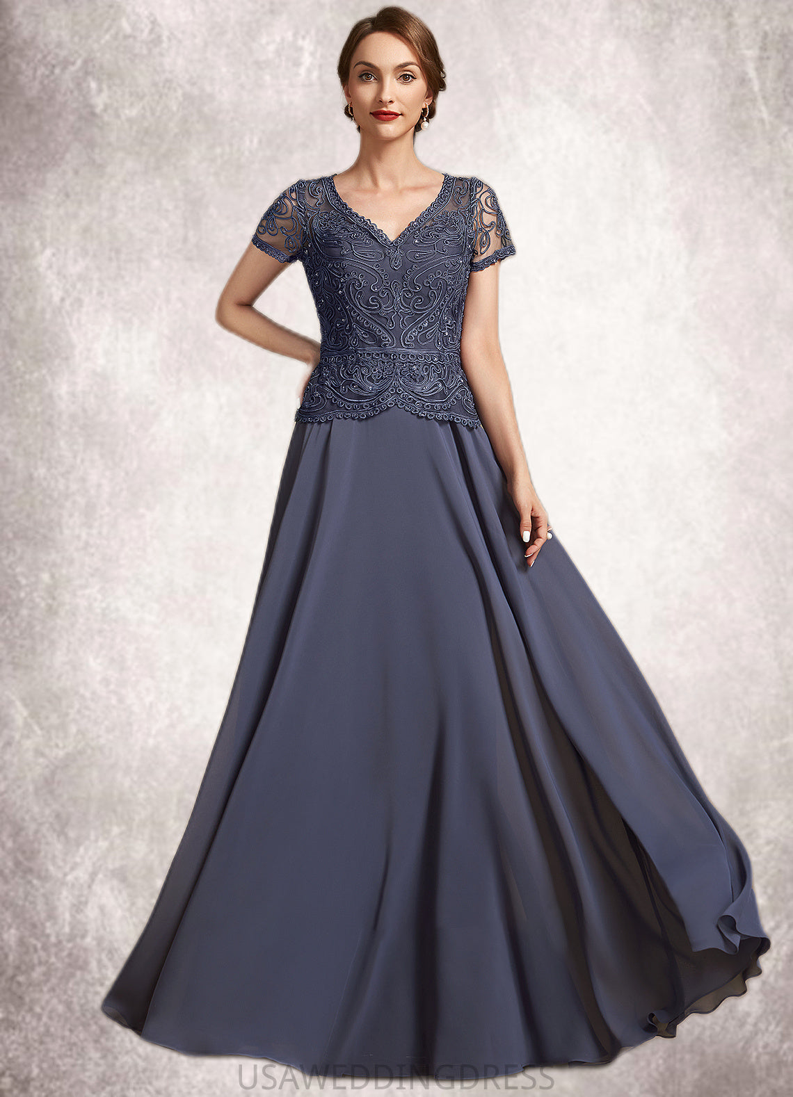 Lucile A-Line V-neck Floor-Length Chiffon Lace Mother of the Bride Dress With Sequins DS126P0014964