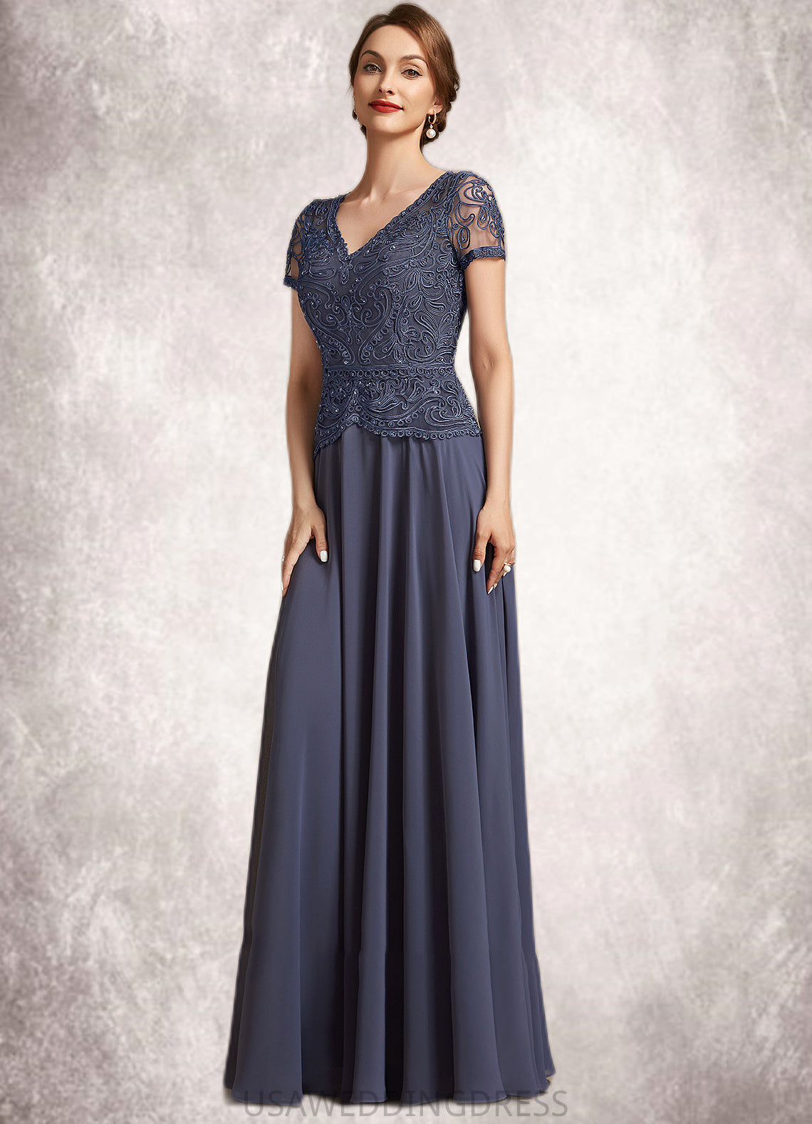 Lucile A-Line V-neck Floor-Length Chiffon Lace Mother of the Bride Dress With Sequins DS126P0014964