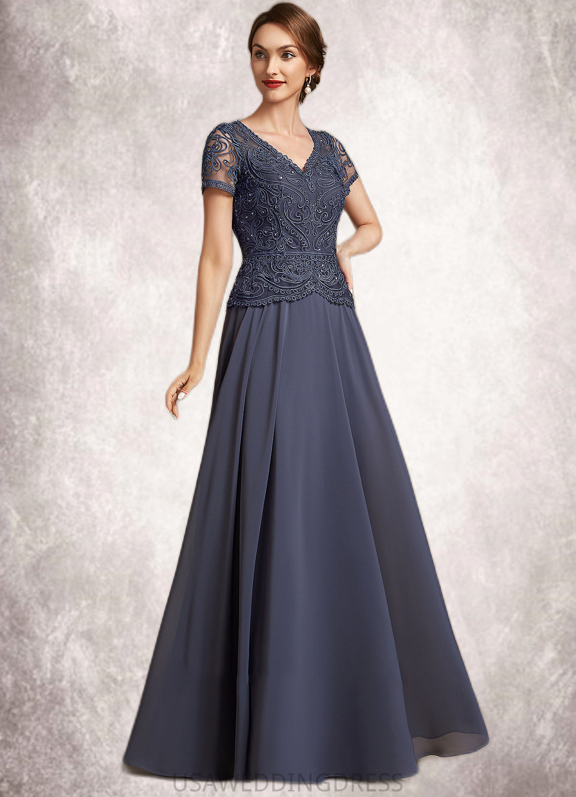 Lucile A-Line V-neck Floor-Length Chiffon Lace Mother of the Bride Dress With Sequins DS126P0014964