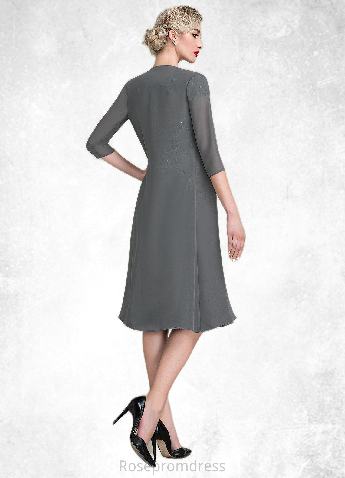 Scarlet A-Line V-neck Knee-Length Mother of the Bride Dress With Beading SRS126P0014965