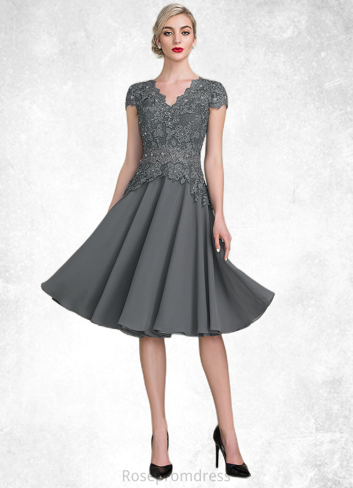 Scarlet A-Line V-neck Knee-Length Mother of the Bride Dress With Beading SRS126P0014965