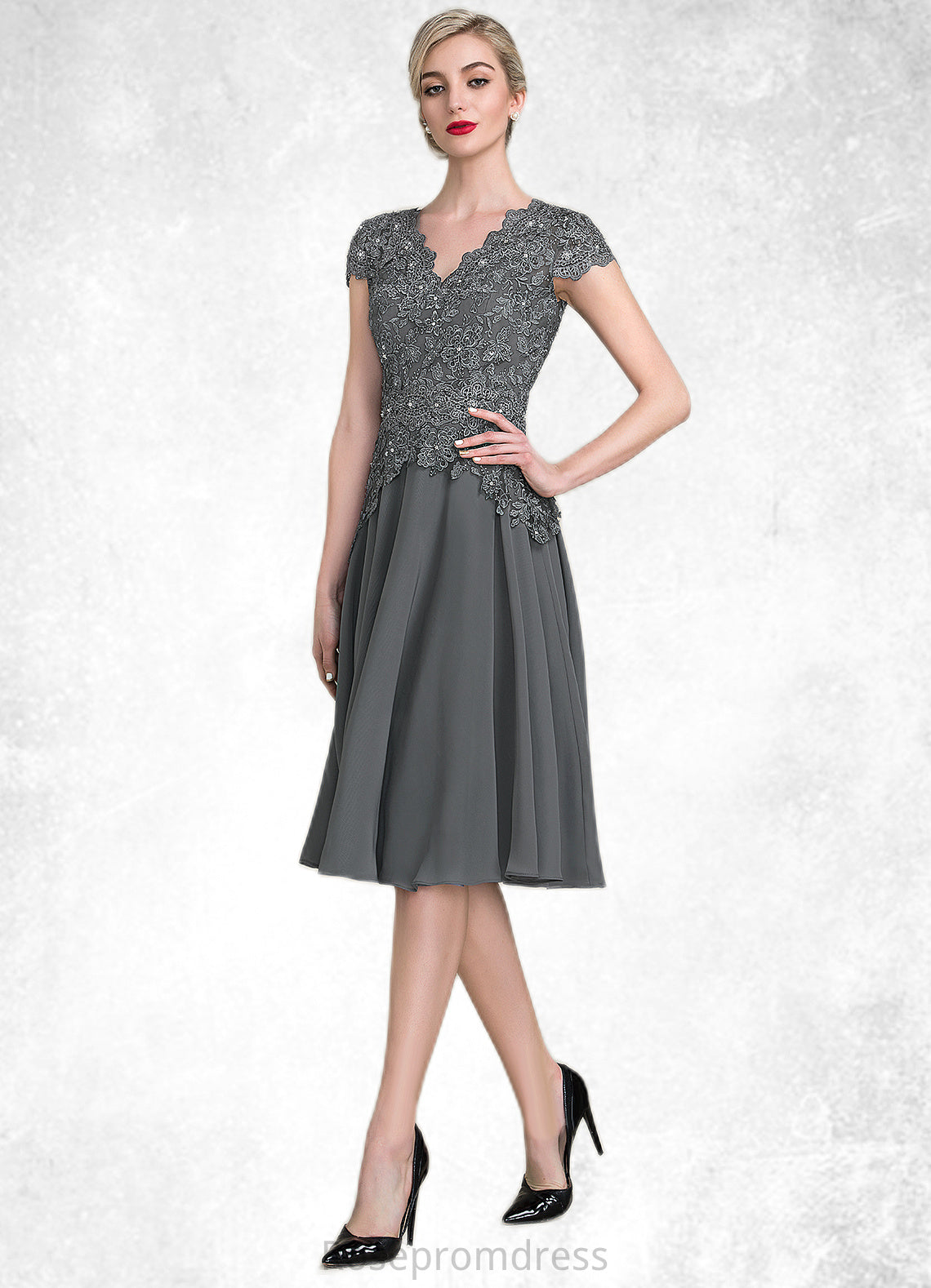 Scarlet A-Line V-neck Knee-Length Mother of the Bride Dress With Beading SRS126P0014965