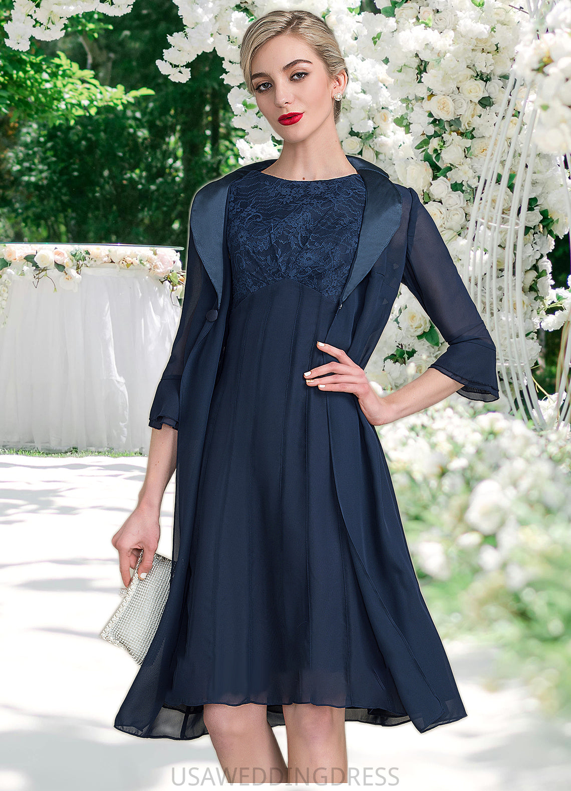 Briley A-Line Scoop Neck Knee-Length Chiffon Lace Mother of the Bride Dress With Ruffle DS126P0014966