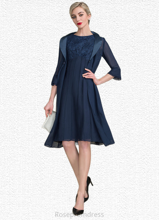 Cali A-Line Scoop Neck Knee-Length Chiffon Lace Mother of the Bride Dress With Ruffle SRS126P0014966