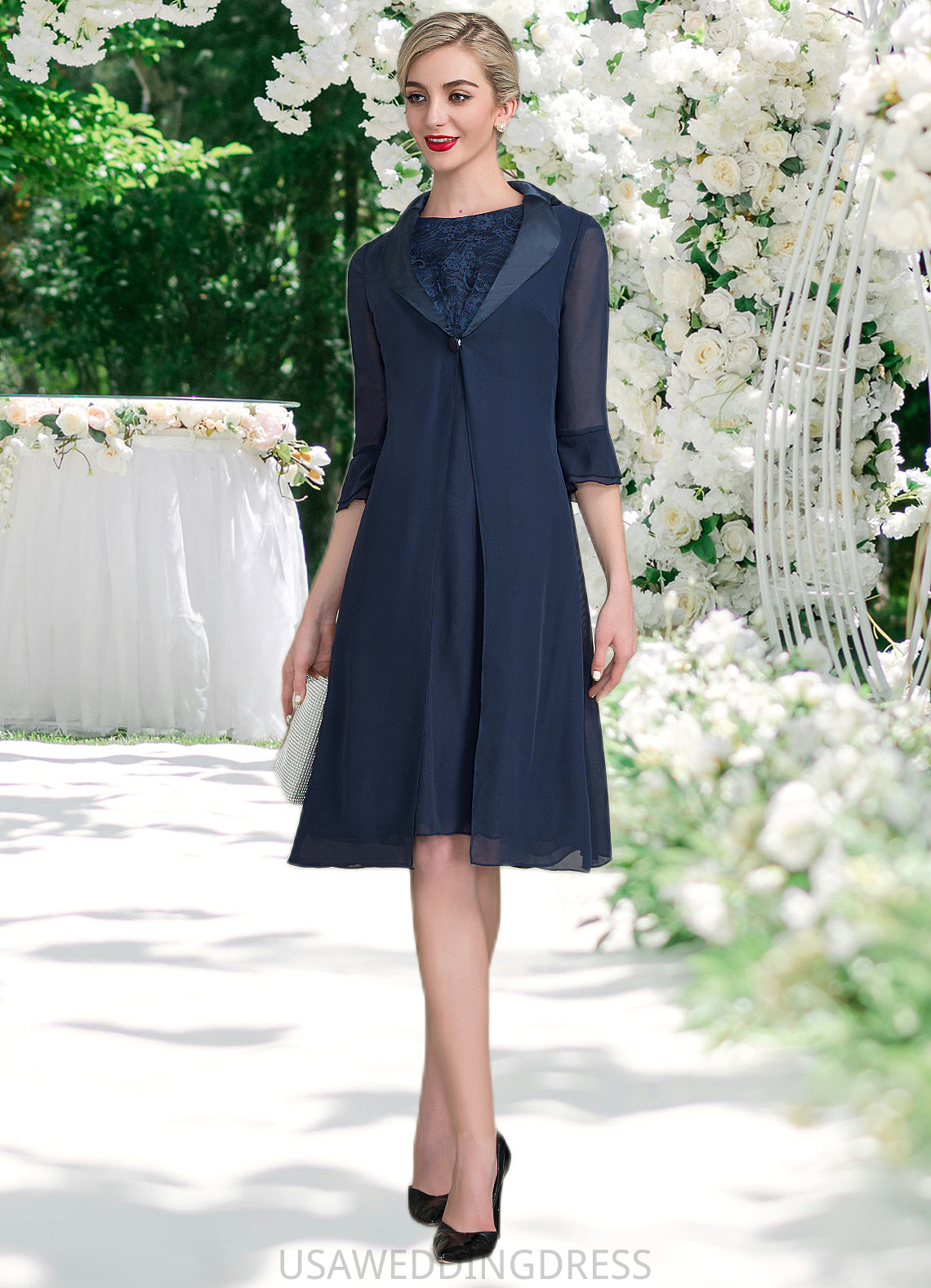 Briley A-Line Scoop Neck Knee-Length Chiffon Lace Mother of the Bride Dress With Ruffle DS126P0014966