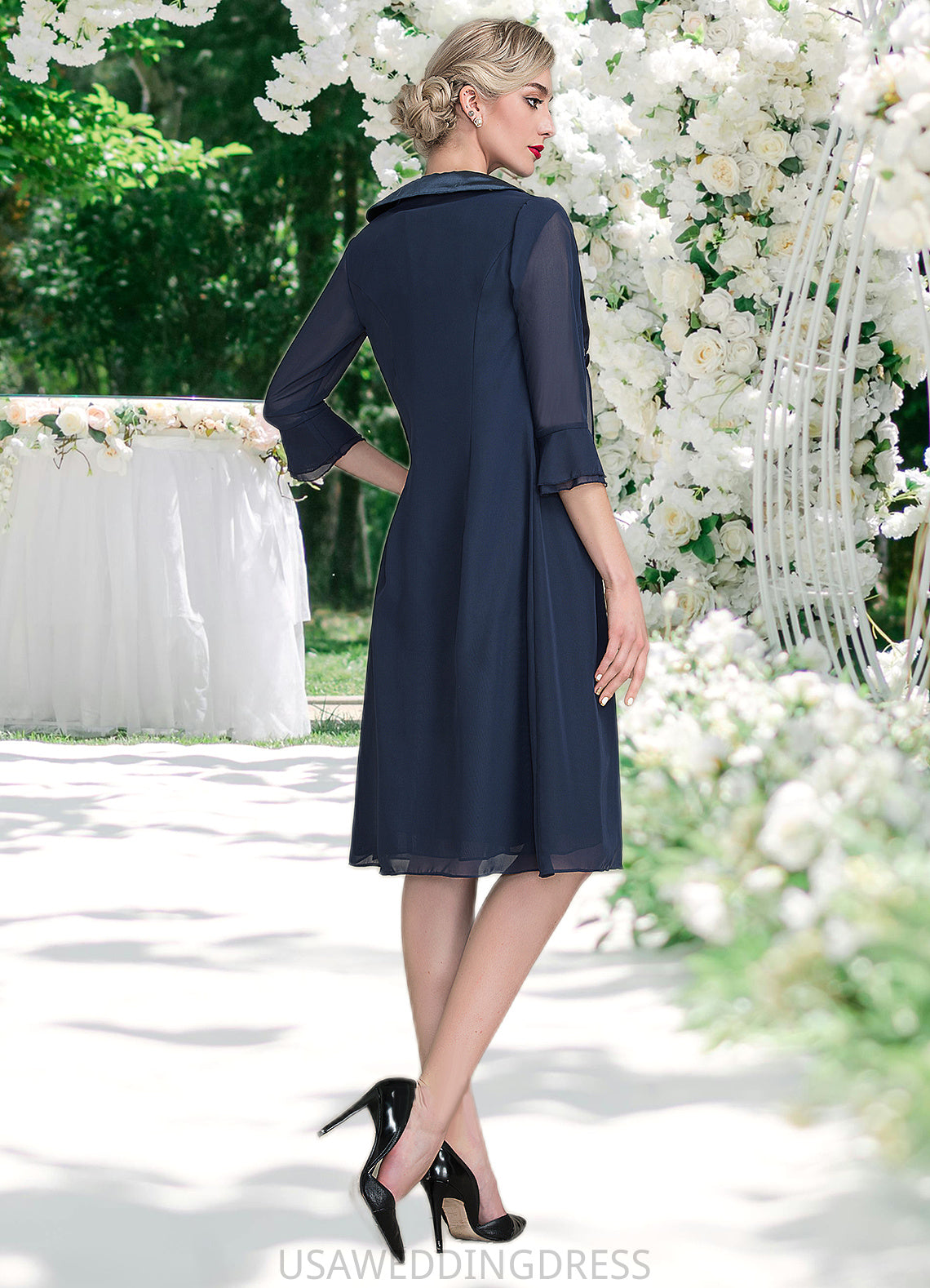 Briley A-Line Scoop Neck Knee-Length Chiffon Lace Mother of the Bride Dress With Ruffle DS126P0014966