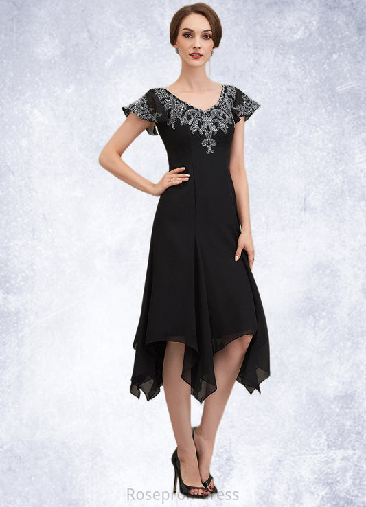 Skylar A-Line V-neck Tea-Length Chiffon Lace Mother of the Bride Dress With Sequins SRS126P0014967