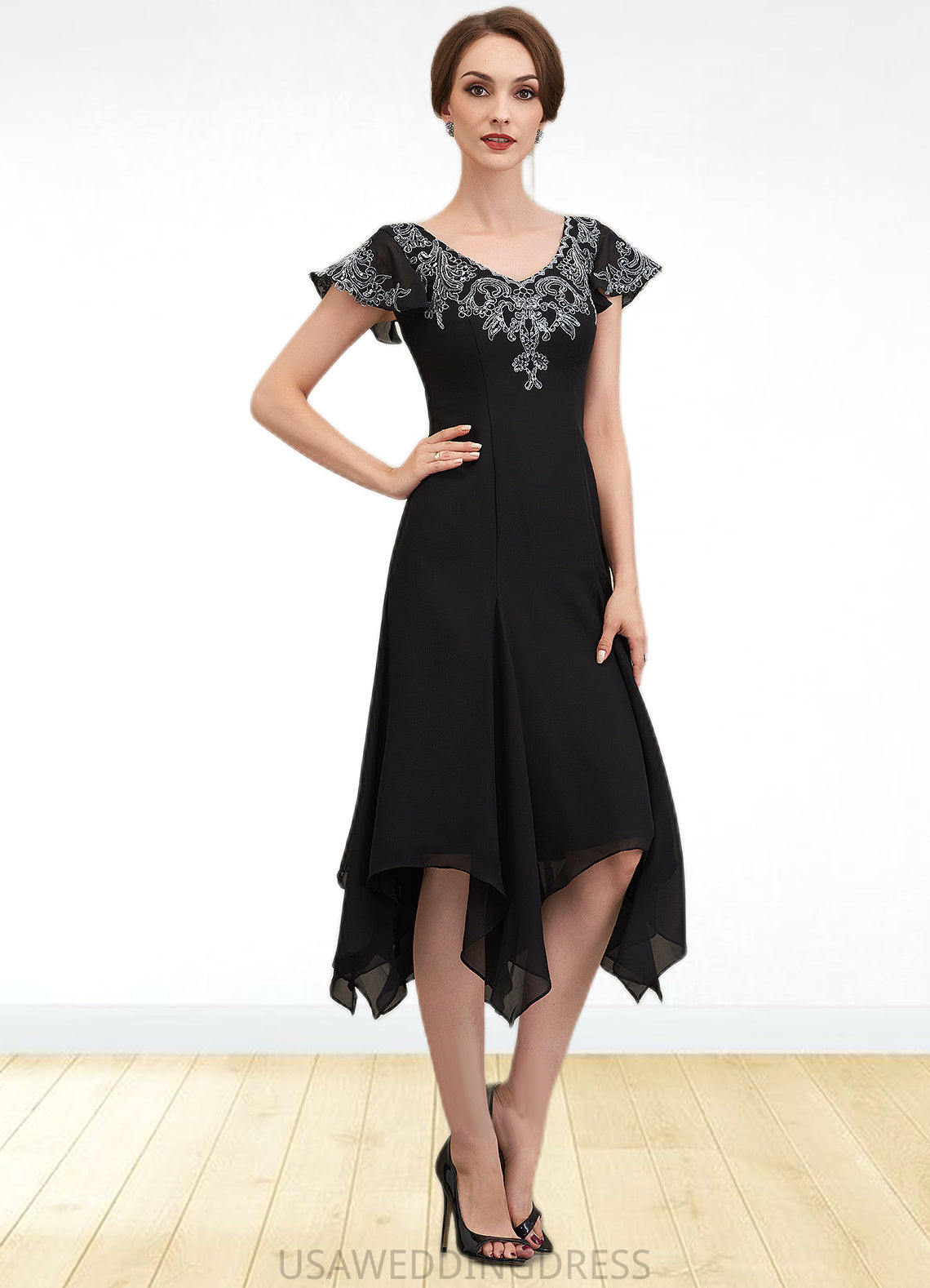 Kennedy A-Line V-neck Tea-Length Chiffon Lace Mother of the Bride Dress With Sequins DS126P0014967