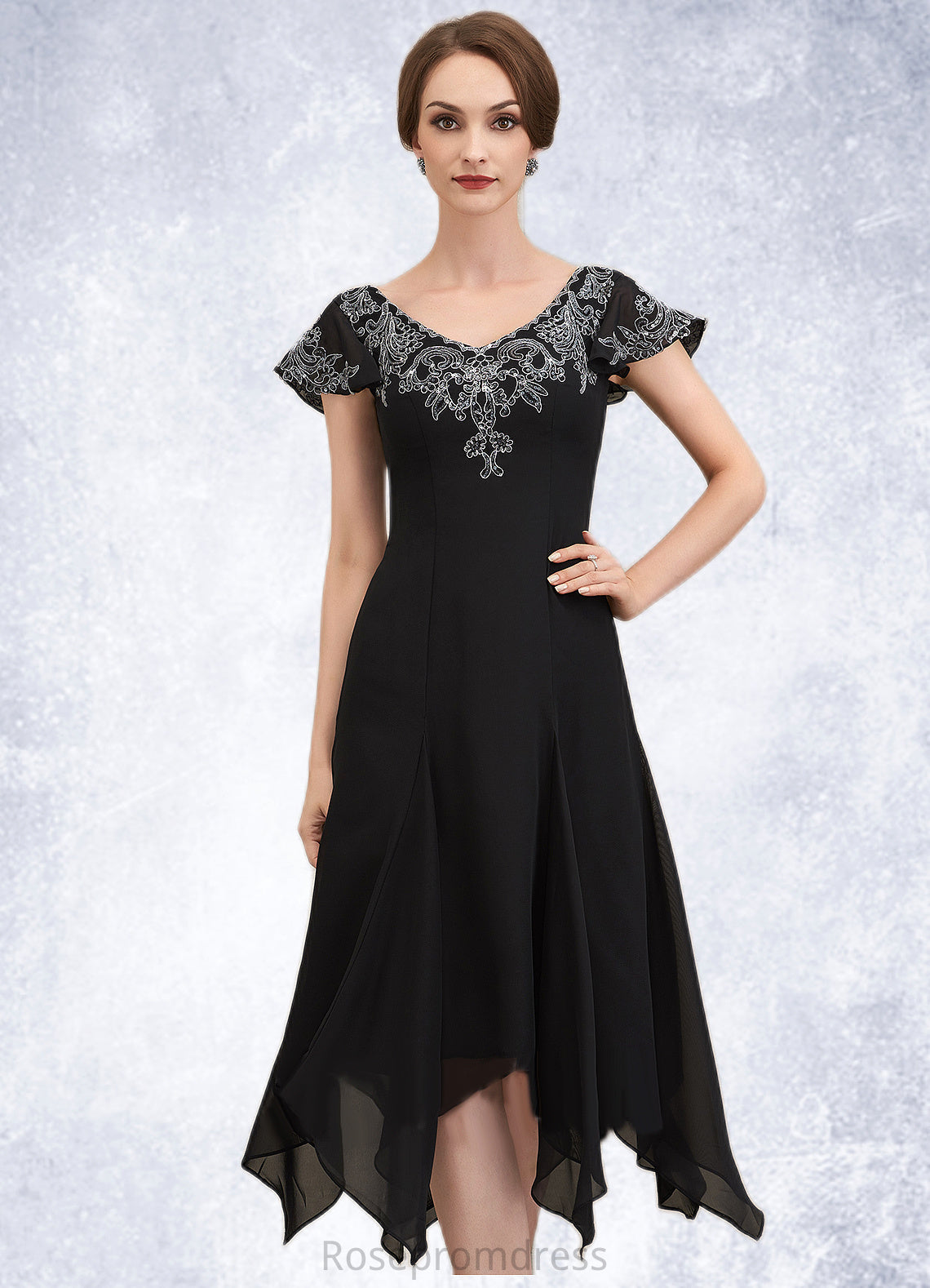 Skylar A-Line V-neck Tea-Length Chiffon Lace Mother of the Bride Dress With Sequins SRS126P0014967