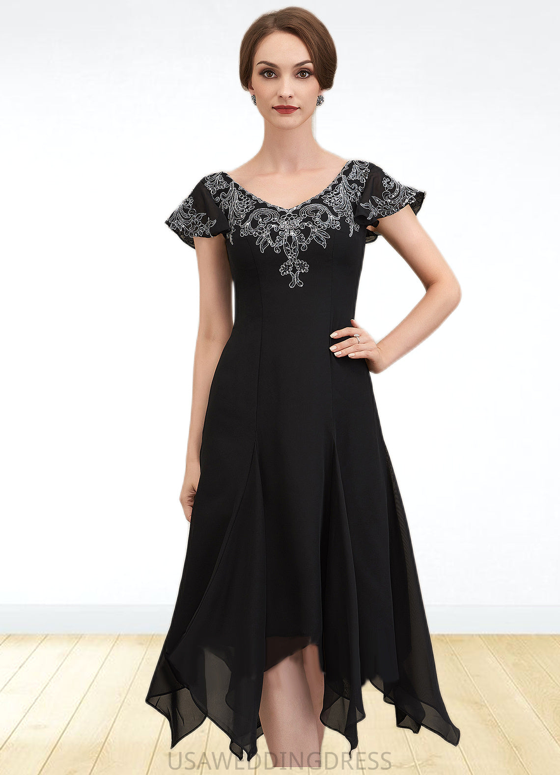 Kennedy A-Line V-neck Tea-Length Chiffon Lace Mother of the Bride Dress With Sequins DS126P0014967