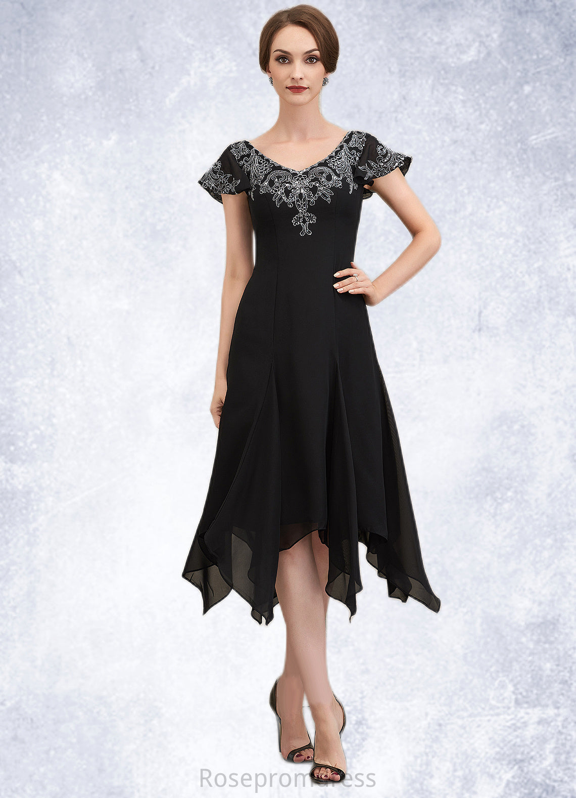 Skylar A-Line V-neck Tea-Length Chiffon Lace Mother of the Bride Dress With Sequins SRS126P0014967