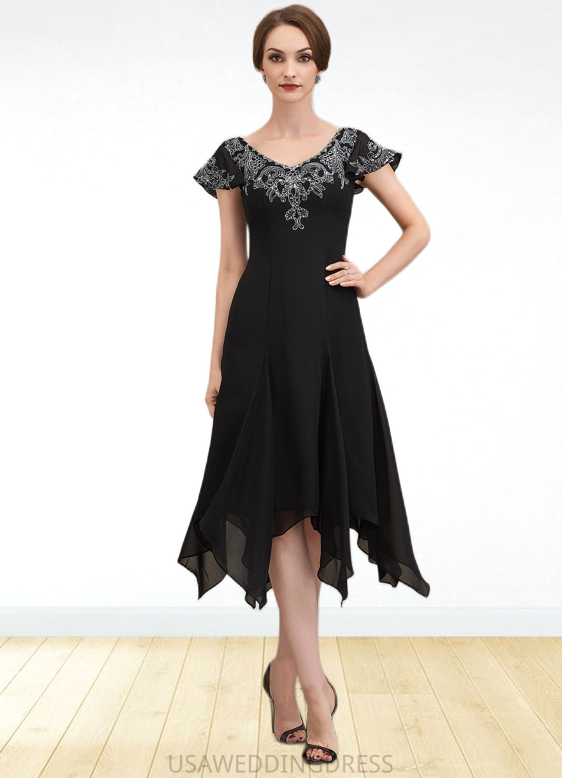 Kennedy A-Line V-neck Tea-Length Chiffon Lace Mother of the Bride Dress With Sequins DS126P0014967