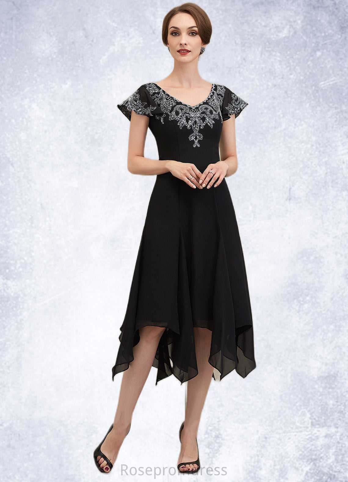 Skylar A-Line V-neck Tea-Length Chiffon Lace Mother of the Bride Dress With Sequins SRS126P0014967
