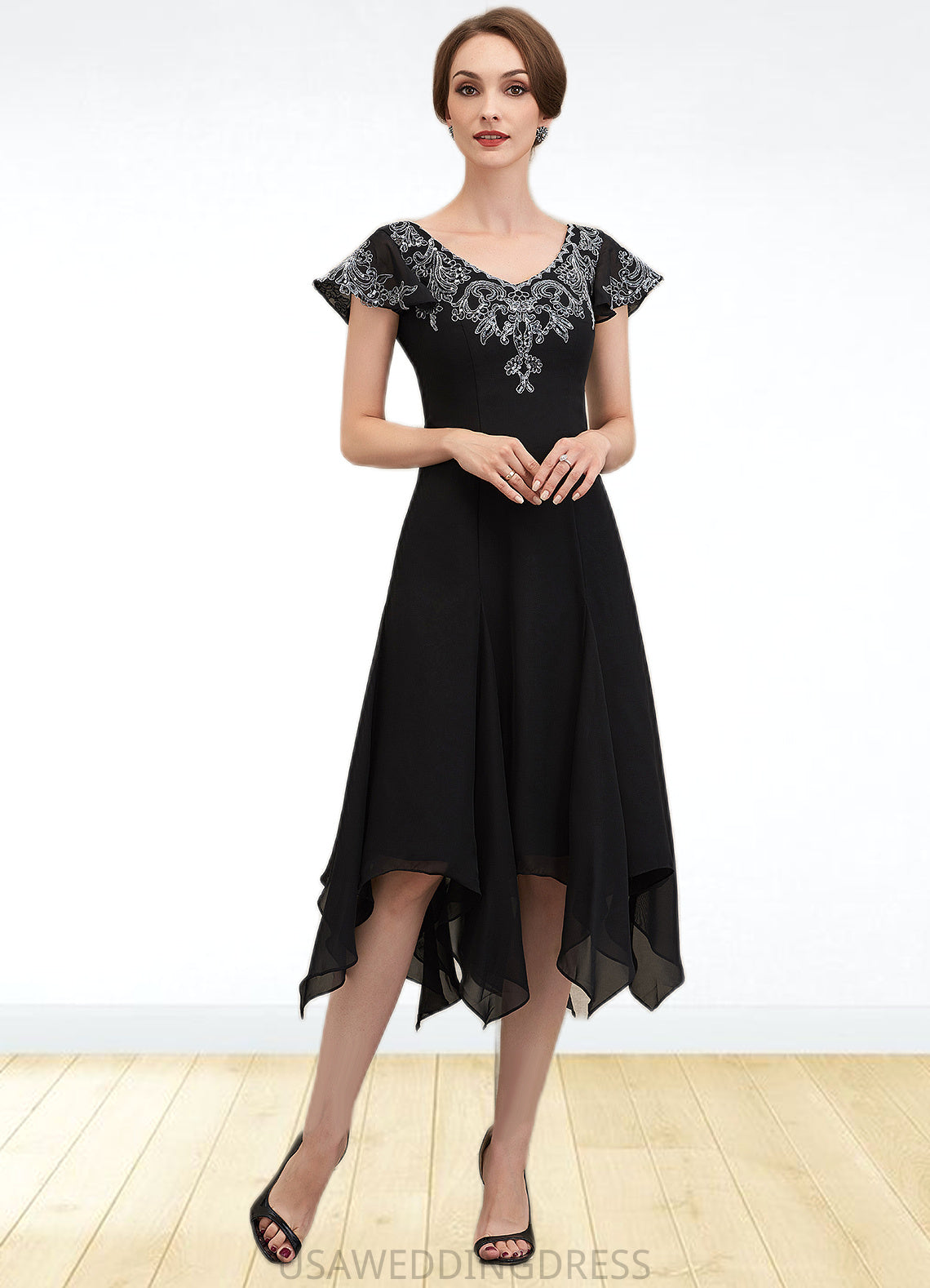 Kennedy A-Line V-neck Tea-Length Chiffon Lace Mother of the Bride Dress With Sequins DS126P0014967