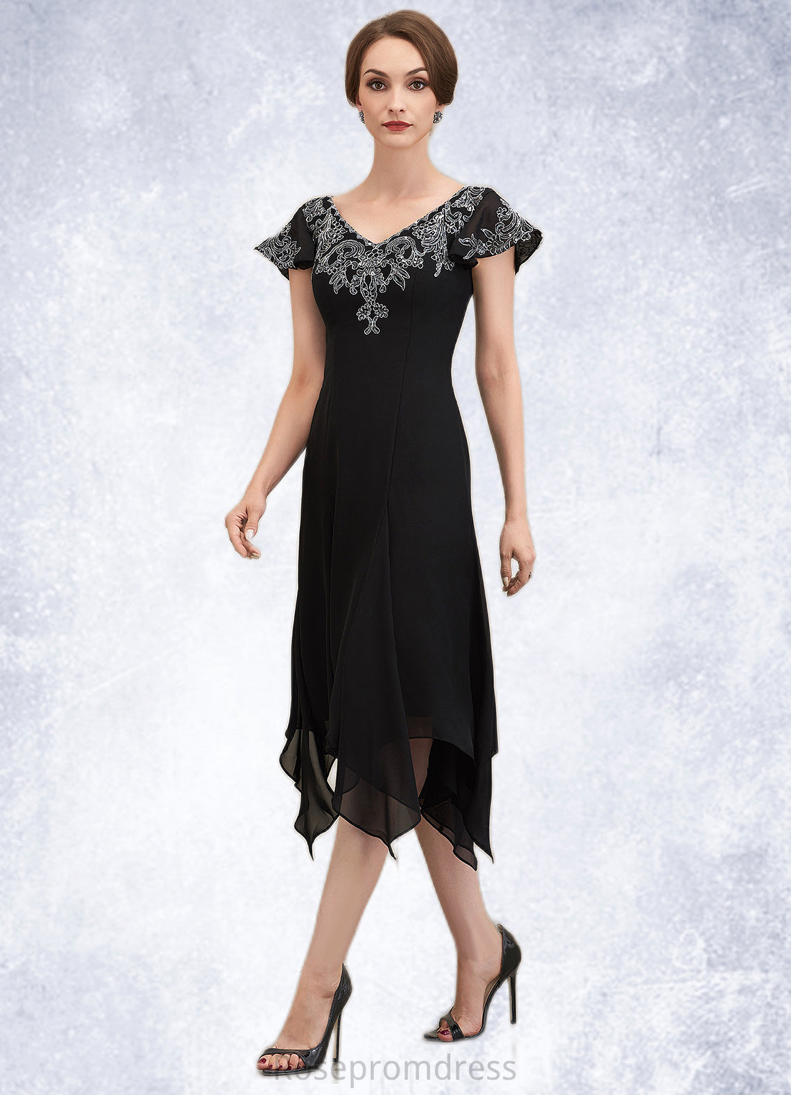 Skylar A-Line V-neck Tea-Length Chiffon Lace Mother of the Bride Dress With Sequins SRS126P0014967