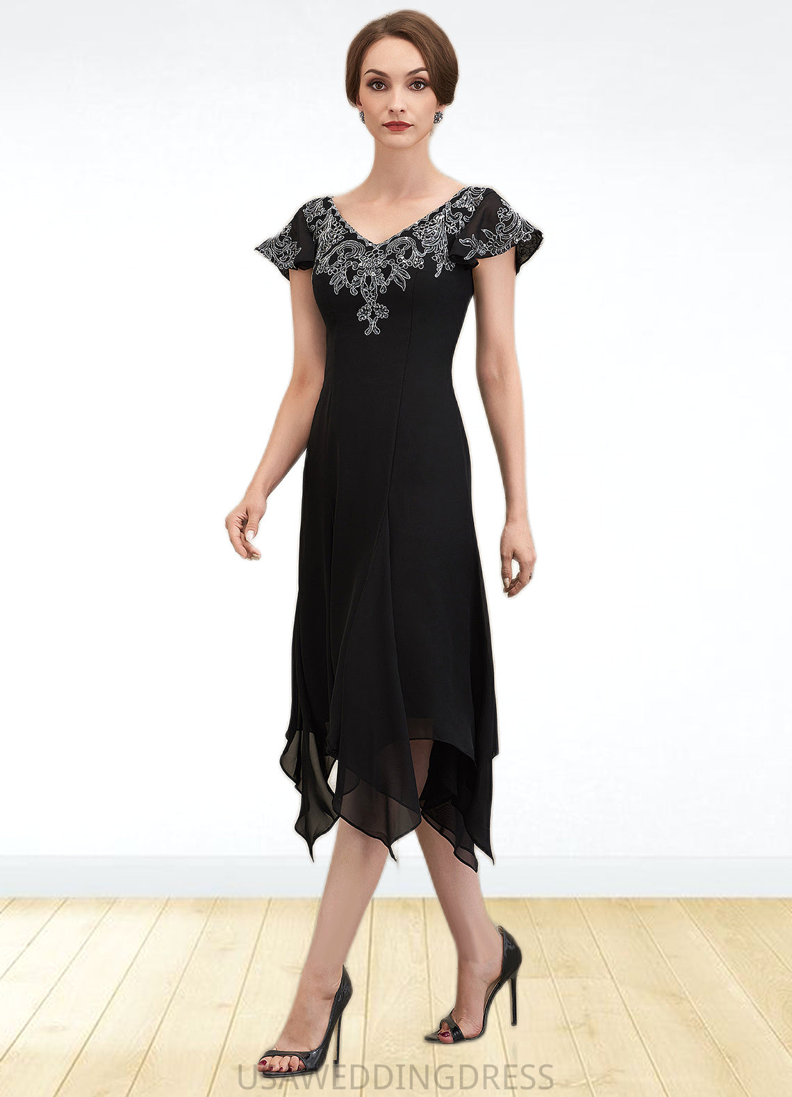 Kennedy A-Line V-neck Tea-Length Chiffon Lace Mother of the Bride Dress With Sequins DS126P0014967