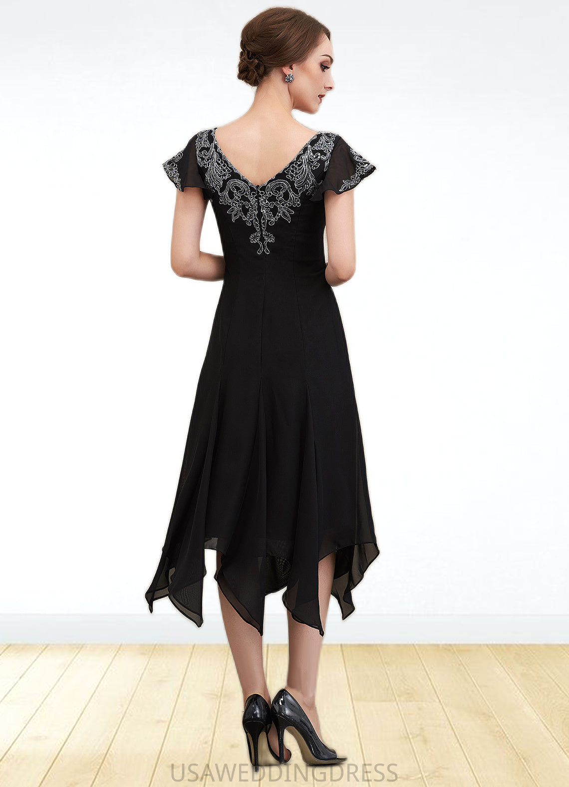 Kennedy A-Line V-neck Tea-Length Chiffon Lace Mother of the Bride Dress With Sequins DS126P0014967