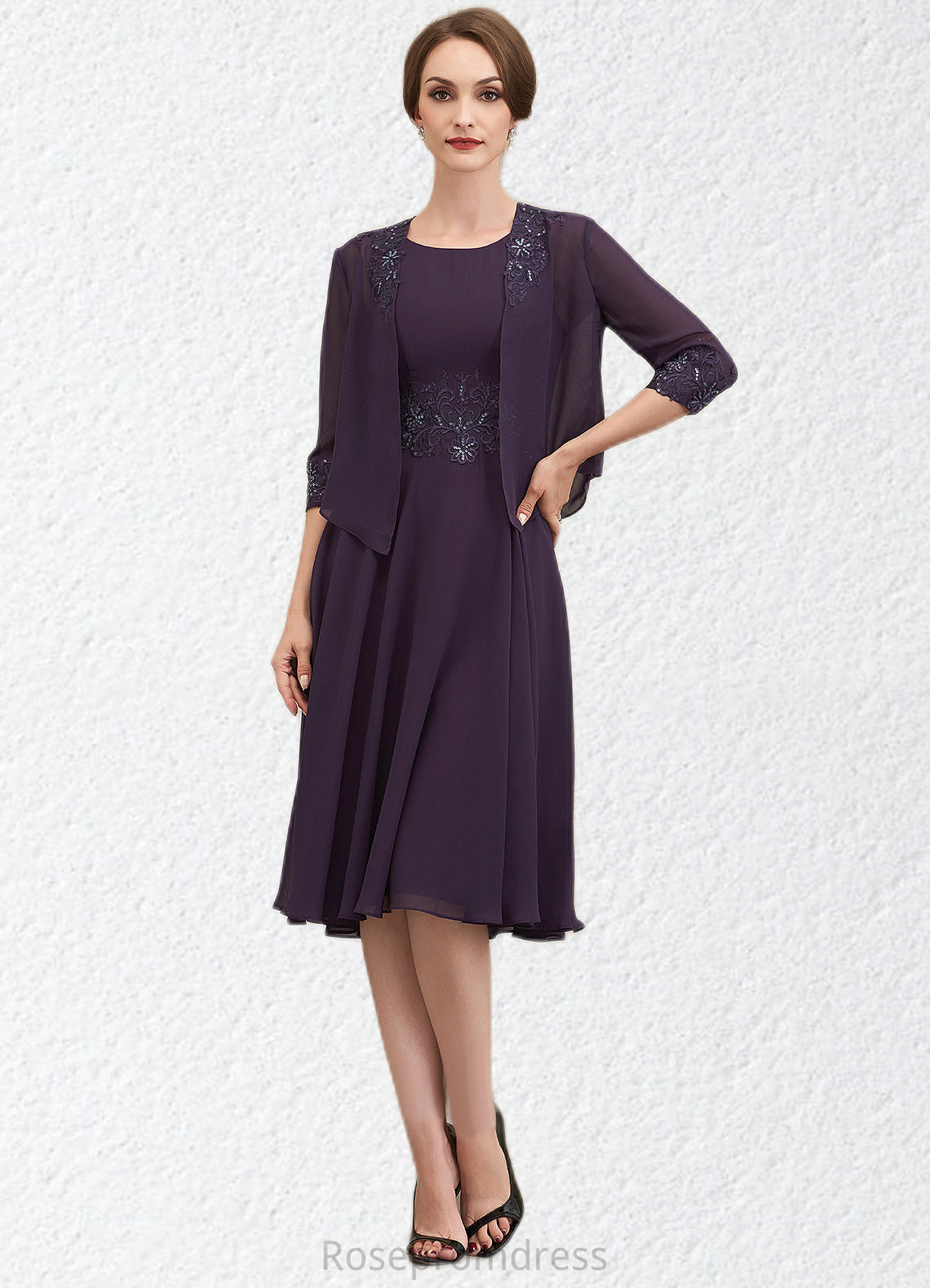 Marianna A-Line Scoop Neck Knee-Length Chiffon Lace Mother of the Bride Dress With Sequins SRS126P0014968