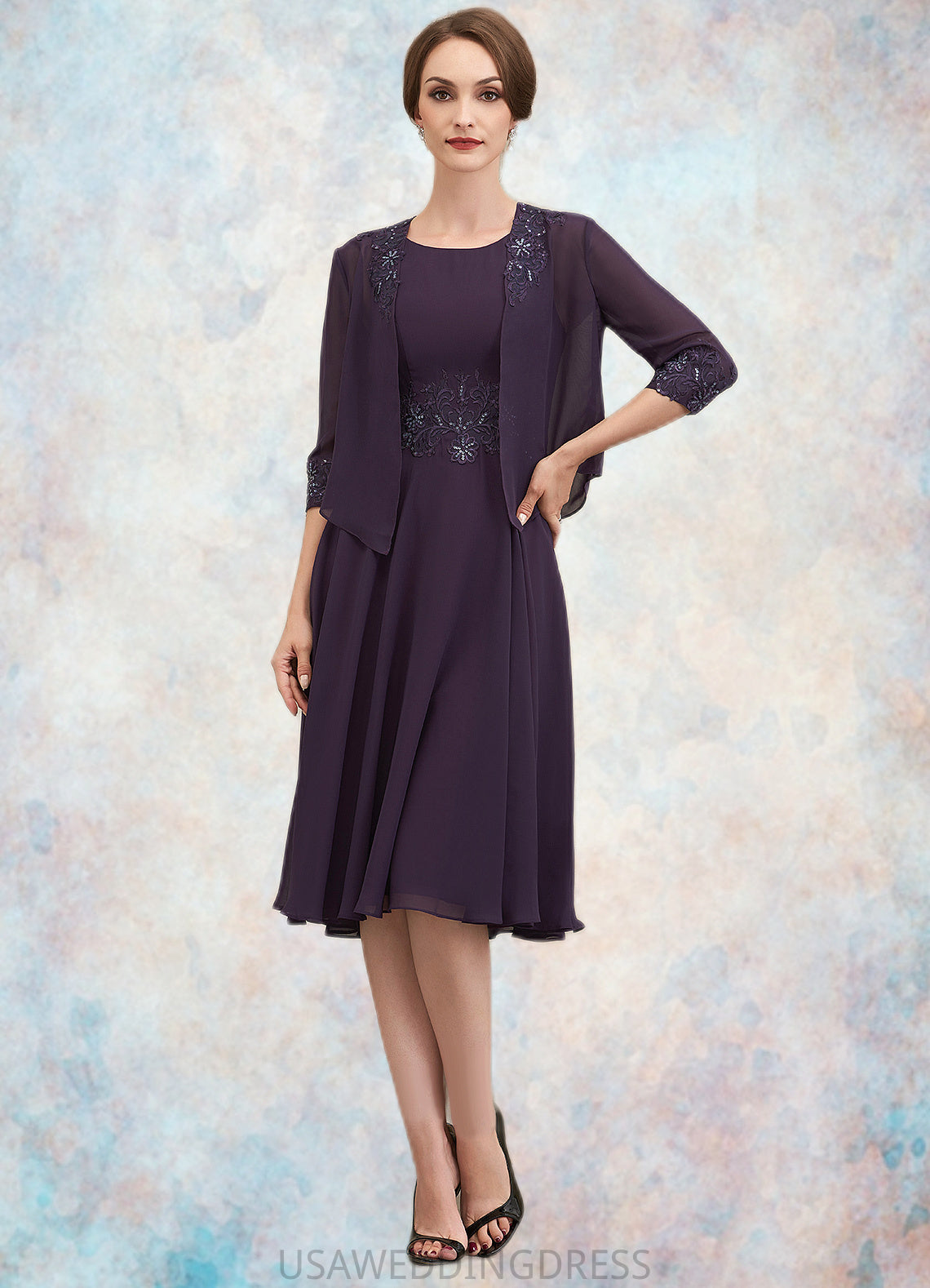 Lola A-Line Scoop Neck Knee-Length Chiffon Lace Mother of the Bride Dress With Sequins DS126P0014968