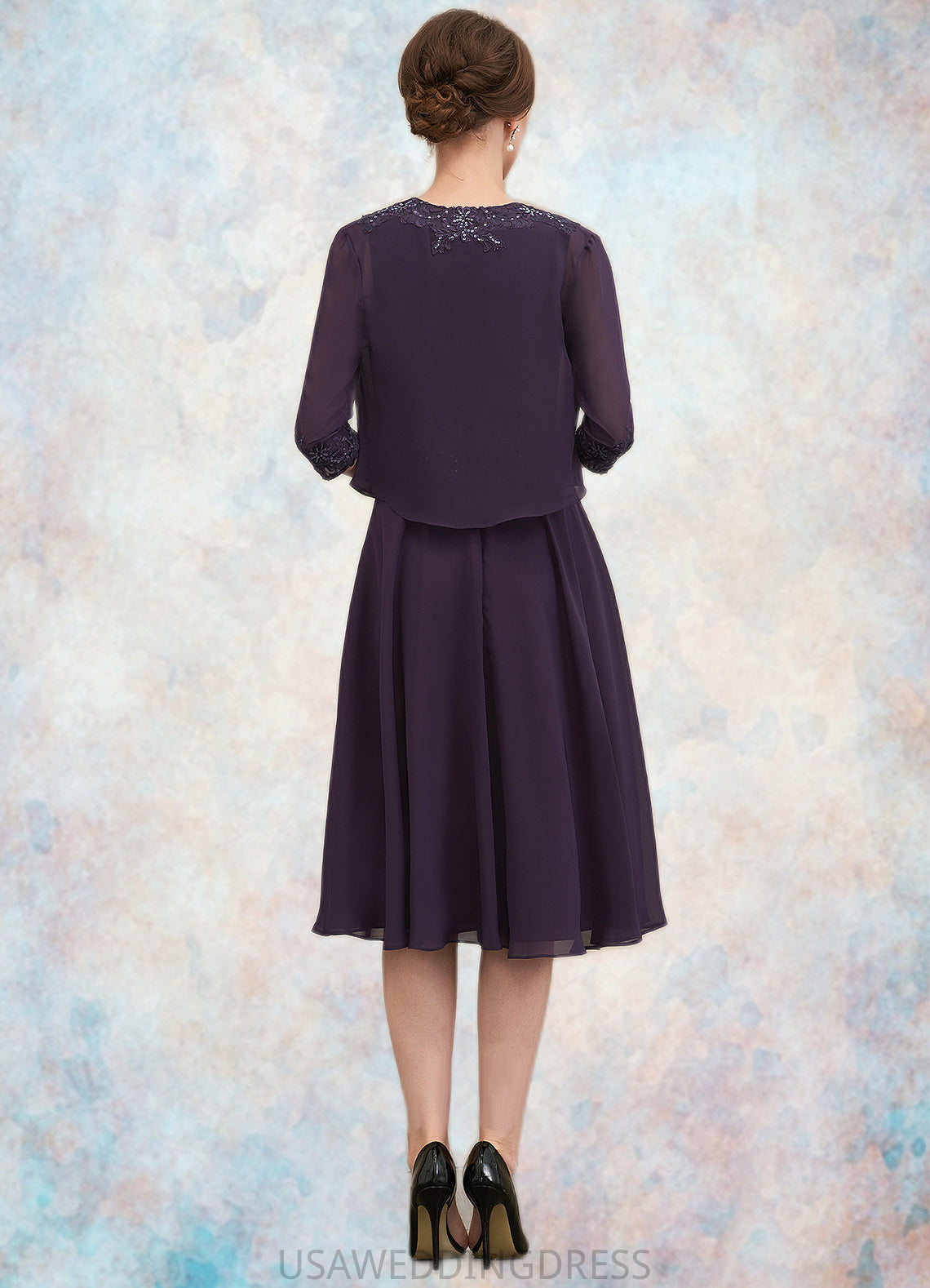 Lola A-Line Scoop Neck Knee-Length Chiffon Lace Mother of the Bride Dress With Sequins DS126P0014968