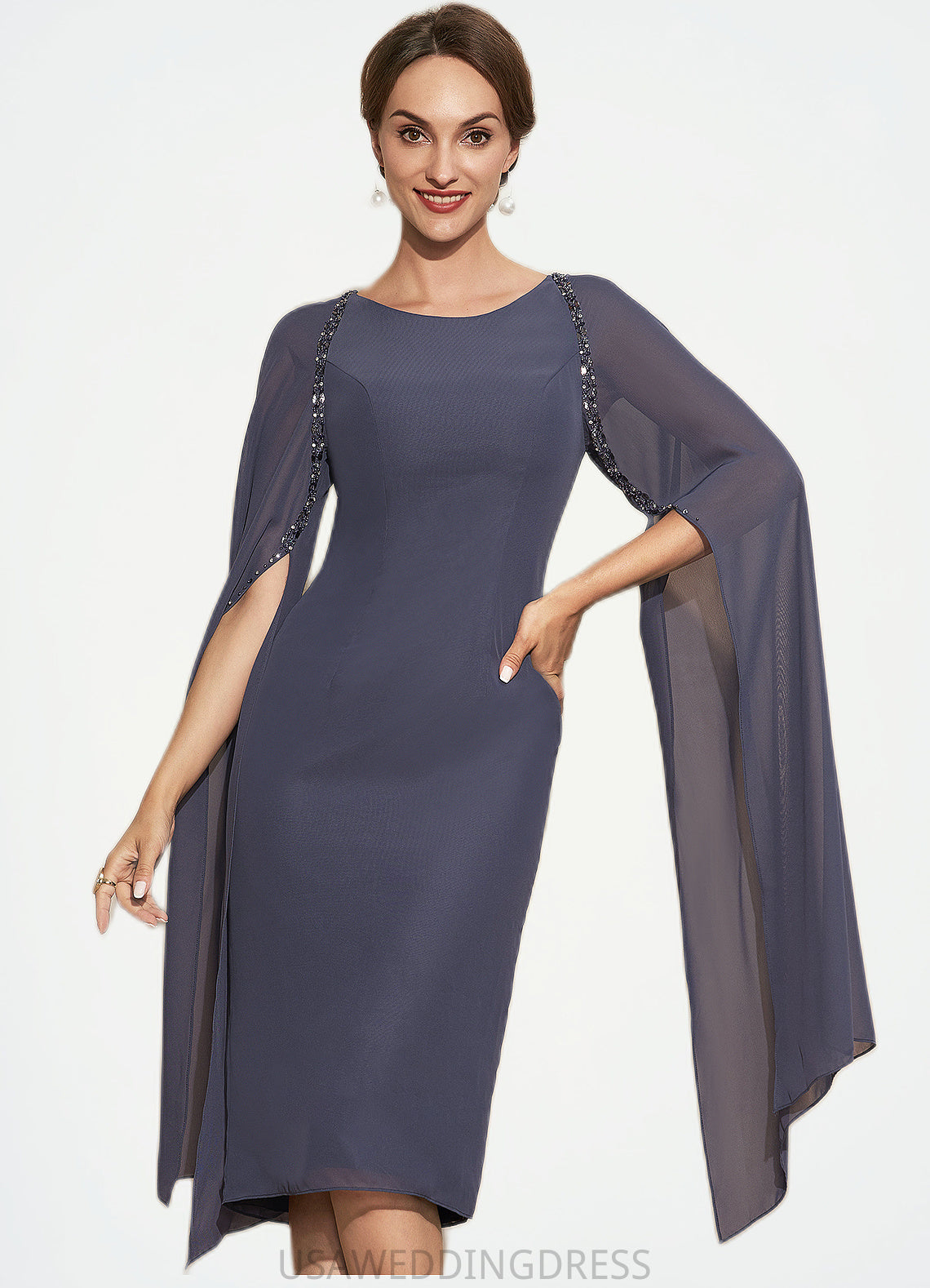 Micah Sheath/Column Scoop Neck Knee-Length Chiffon Mother of the Bride Dress With Beading DS126P0014969