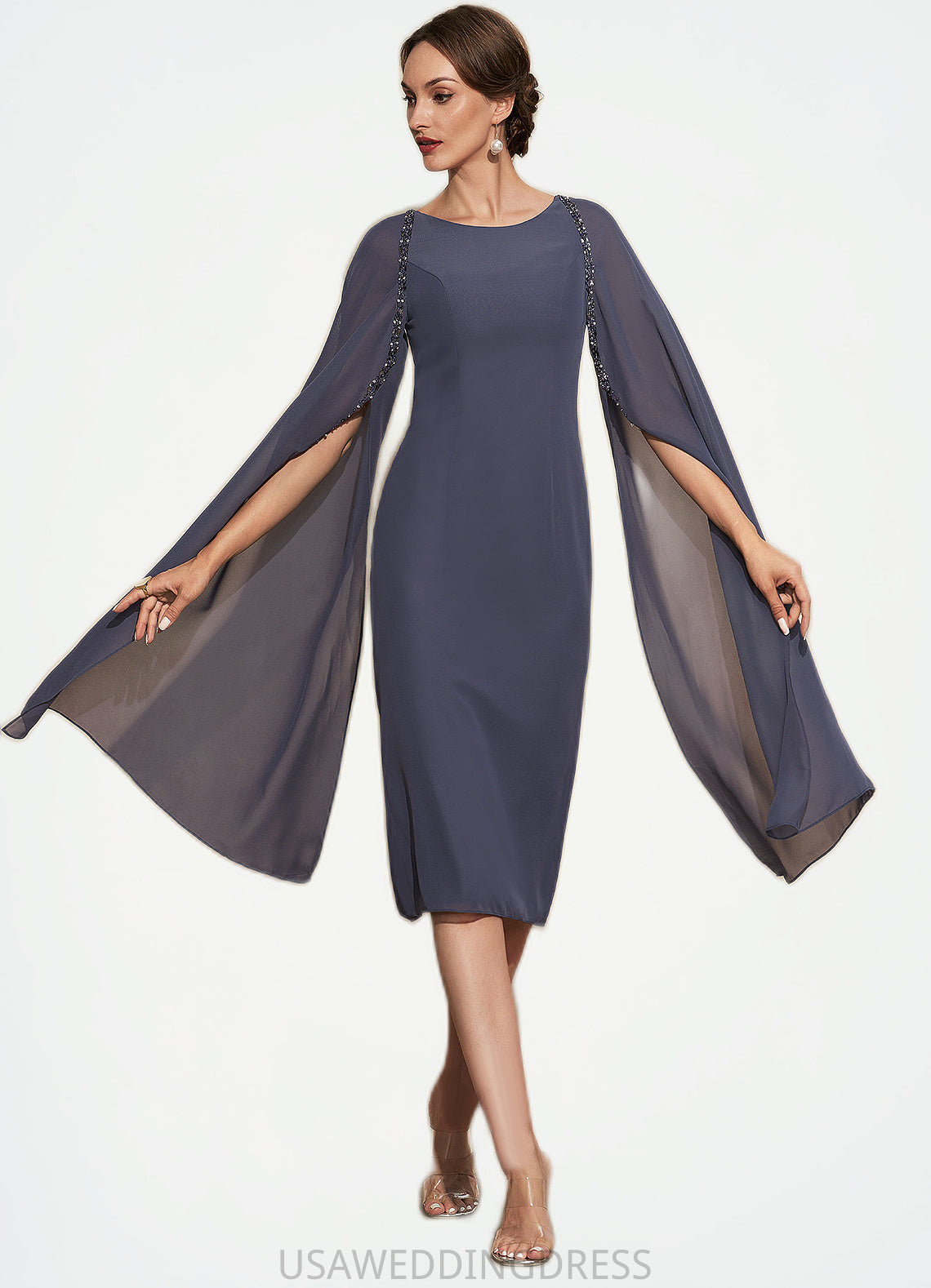 Micah Sheath/Column Scoop Neck Knee-Length Chiffon Mother of the Bride Dress With Beading DS126P0014969