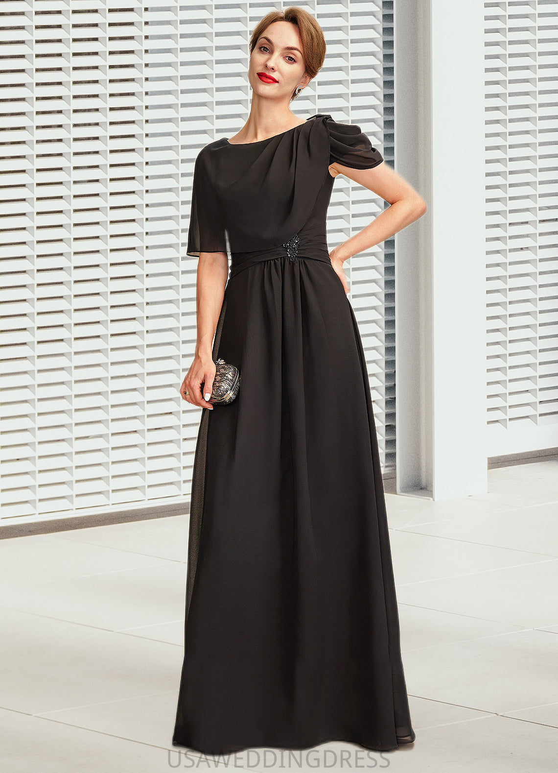 Scarlett A-Line Scoop Neck Floor-Length Chiffon Mother of the Bride Dress With Ruffle Beading DS126P0014970