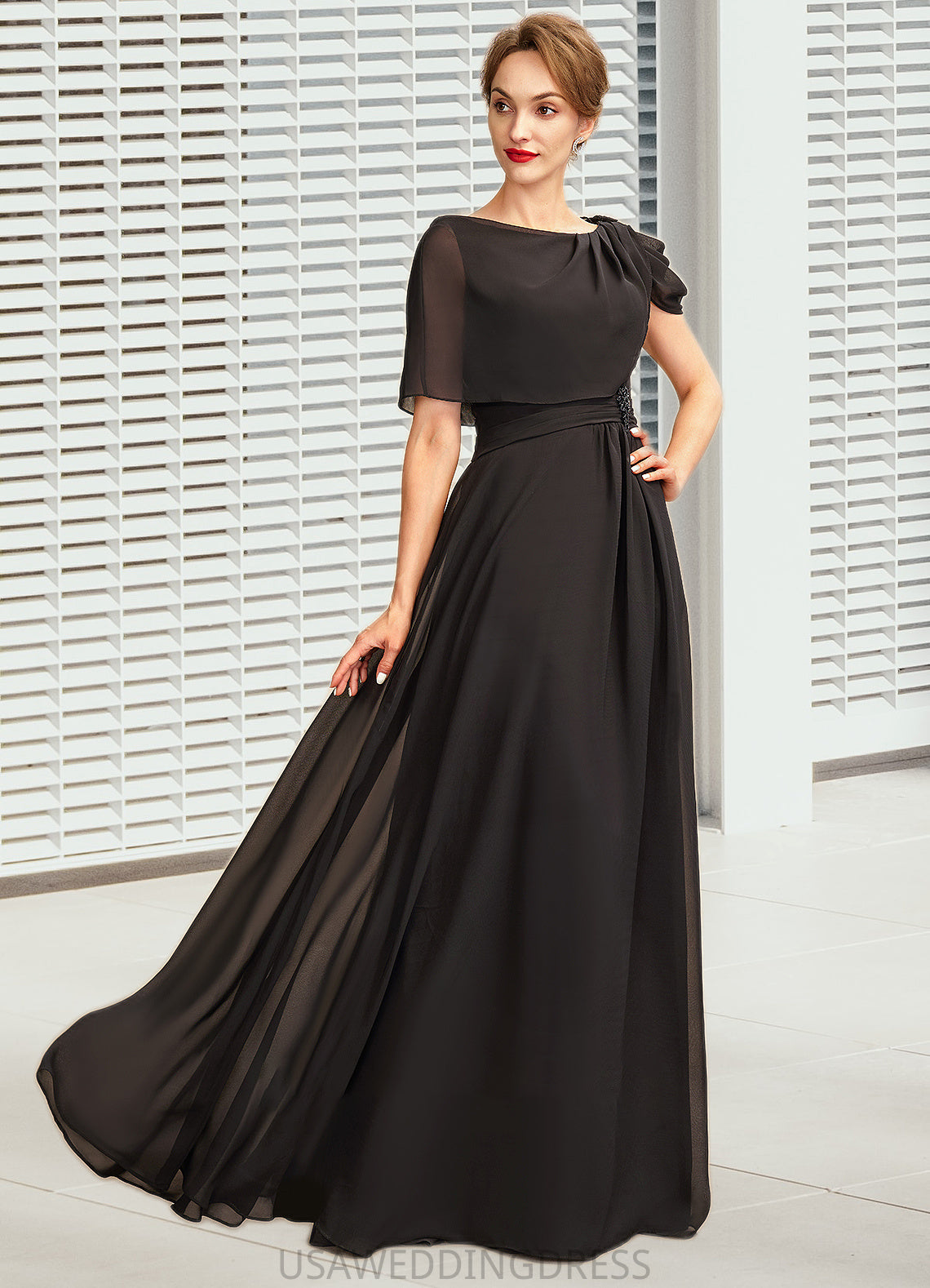 Scarlett A-Line Scoop Neck Floor-Length Chiffon Mother of the Bride Dress With Ruffle Beading DS126P0014970