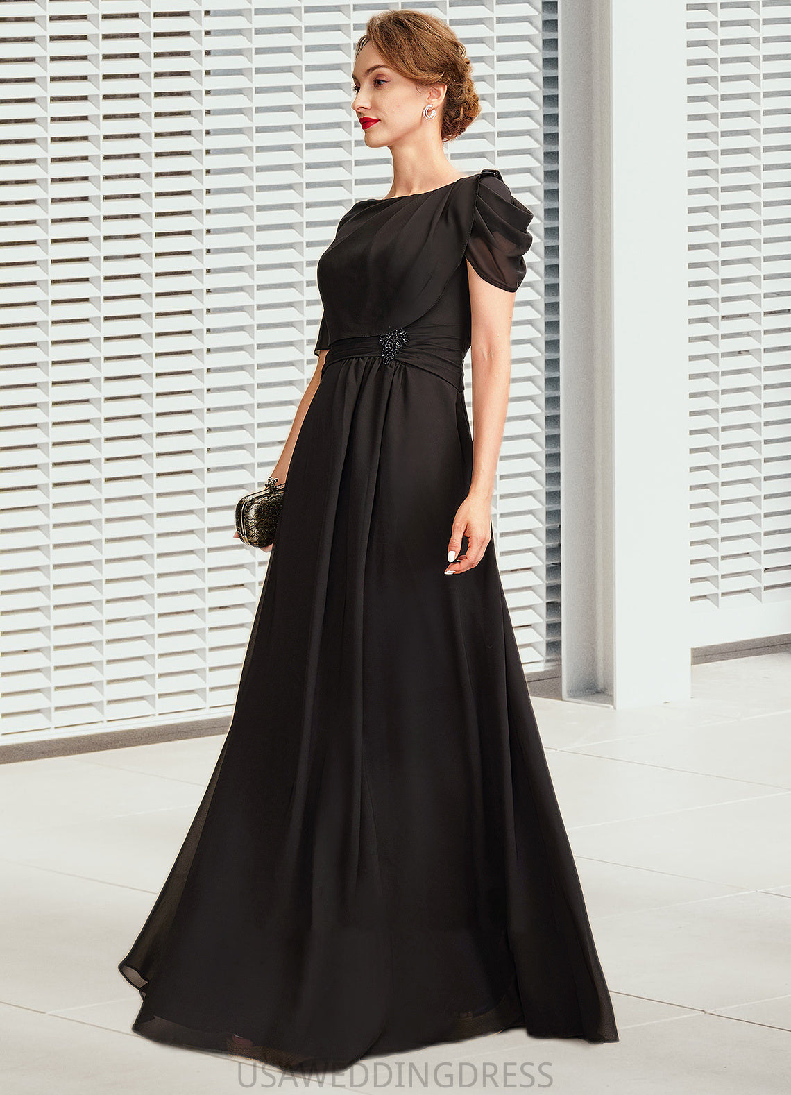 Scarlett A-Line Scoop Neck Floor-Length Chiffon Mother of the Bride Dress With Ruffle Beading DS126P0014970