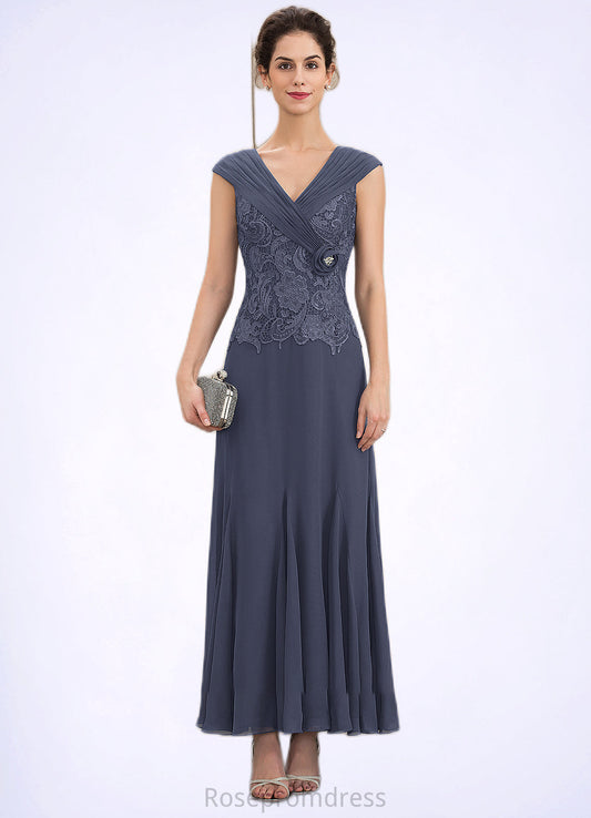 Jaylyn A-Line V-neck Ankle-Length Chiffon Lace Mother of the Bride Dress With Ruffle Beading SRS126P0014971