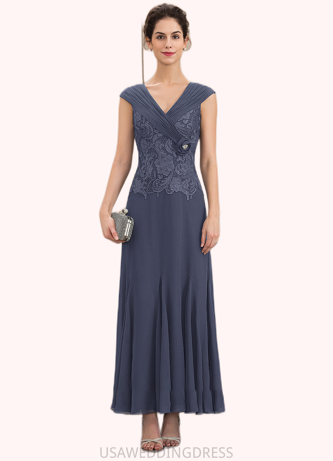 Mckayla A-Line V-neck Ankle-Length Chiffon Lace Mother of the Bride Dress With Ruffle Beading DS126P0014971